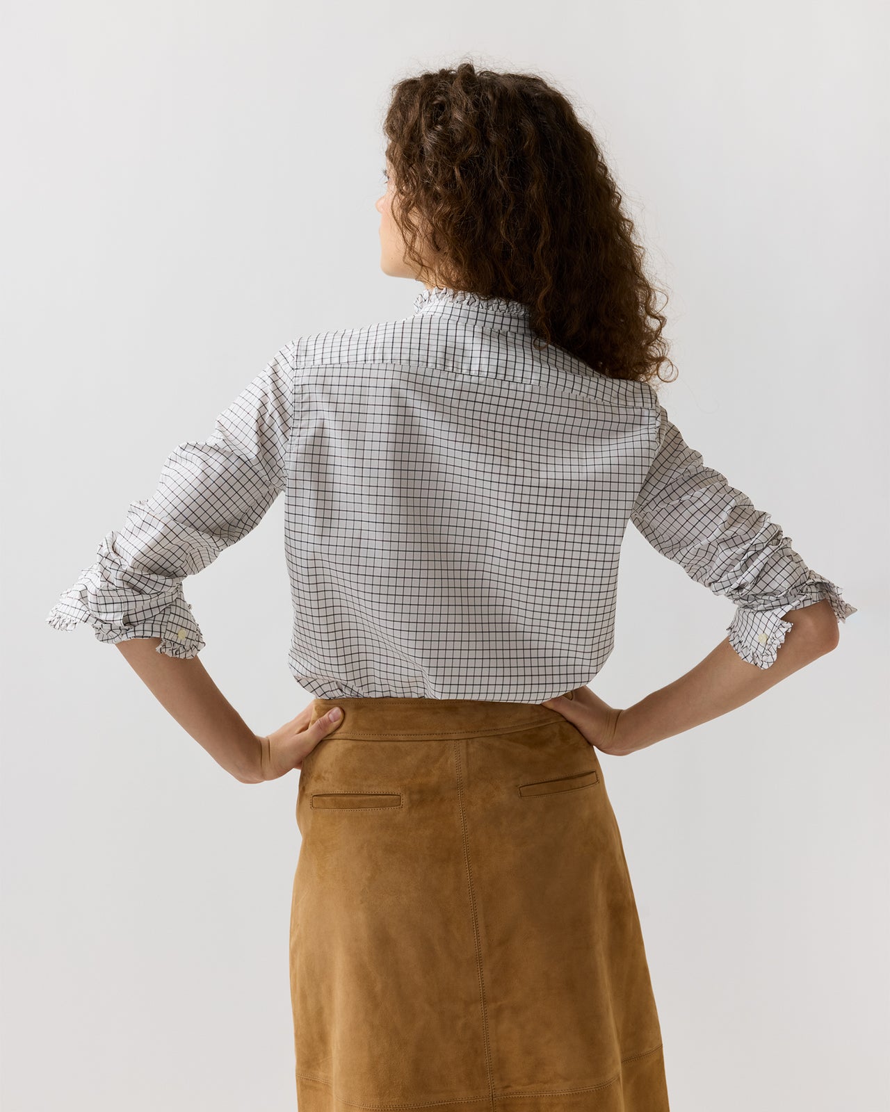 Frill Shirt in Olive/Bark Tattersall Poplin