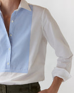 Load image into Gallery viewer, Lettie Shirt in White/Sky Small Bengal Stripe Poplin

