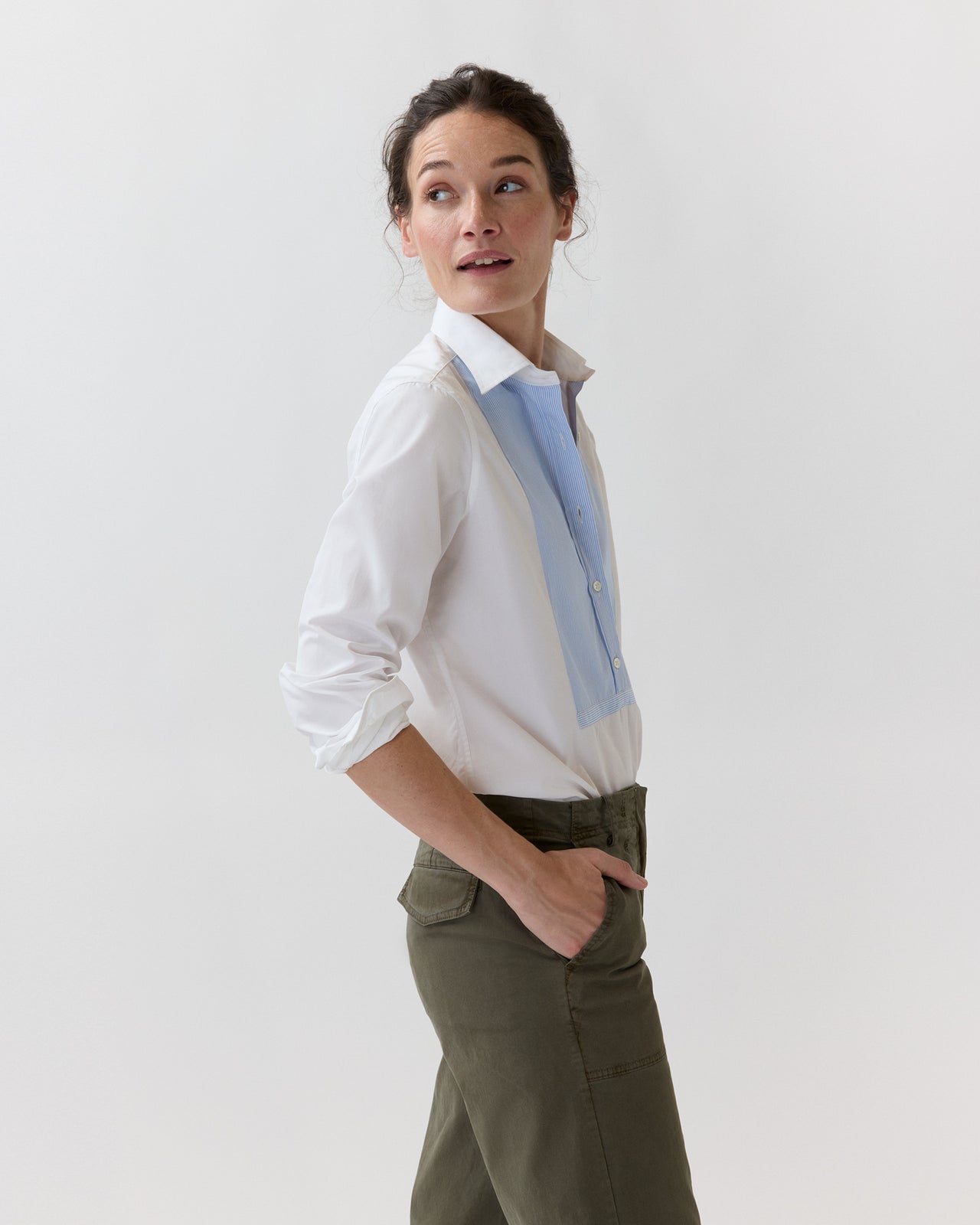 Lettie Shirt in White/Sky Small Bengal Stripe Poplin