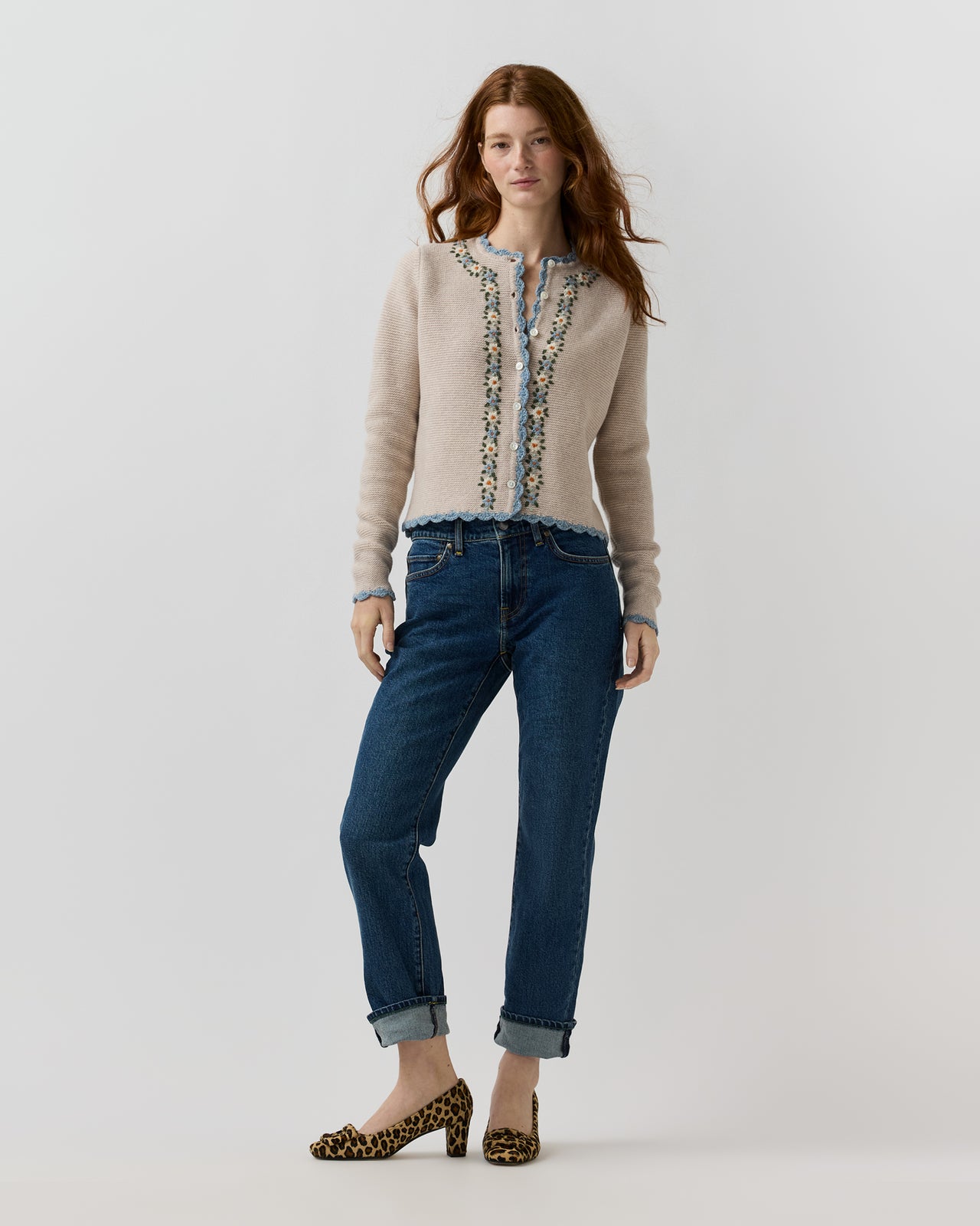 Aloise Embroidered Cardigan in Oatmeal/Multi Extra Fine Merino Wool