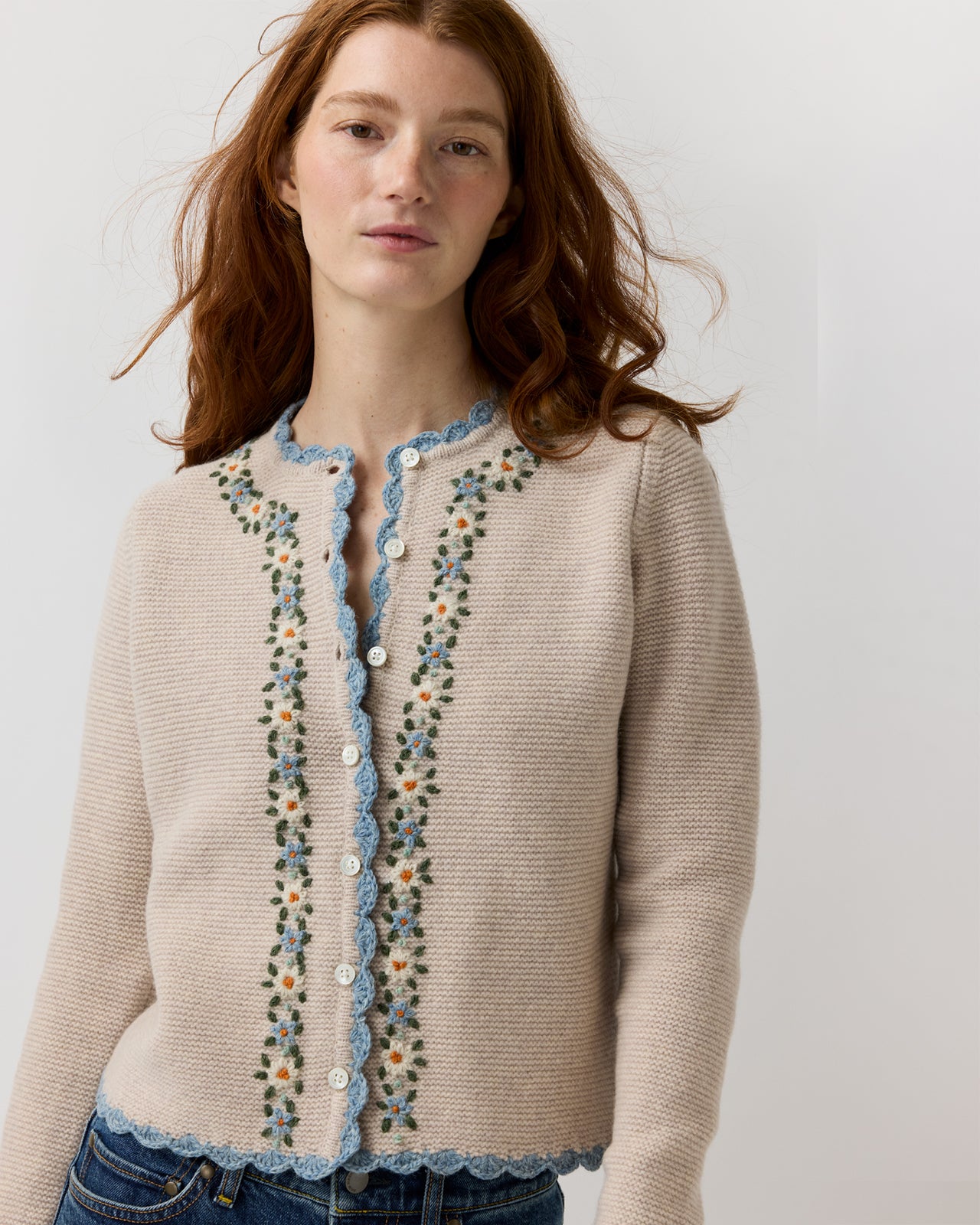 Aloise Embroidered Cardigan in Oatmeal/Multi Extra Fine Merino Wool