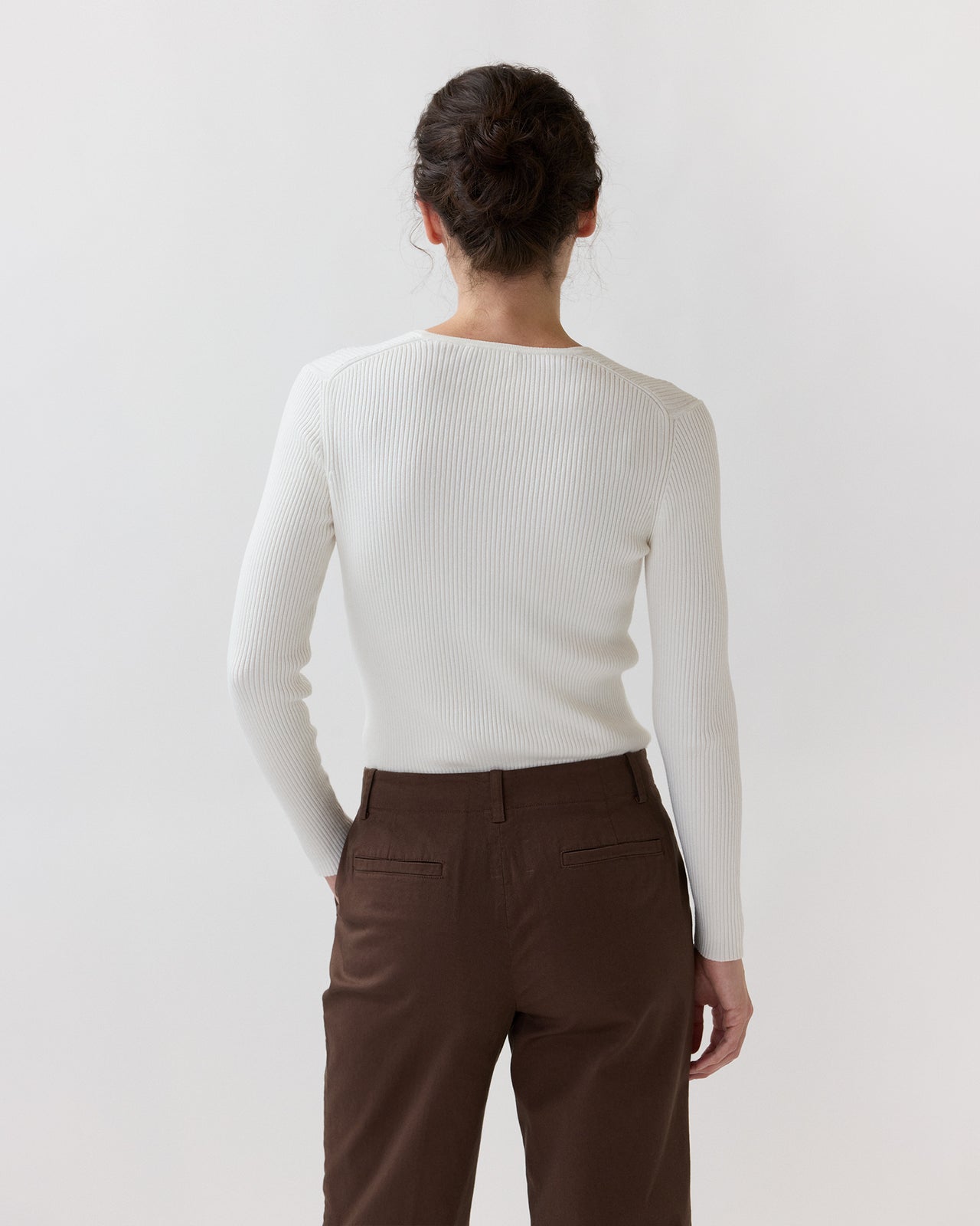 Long-Sleeved Nia Ribbed Henley in Ivory Cotton/Silk