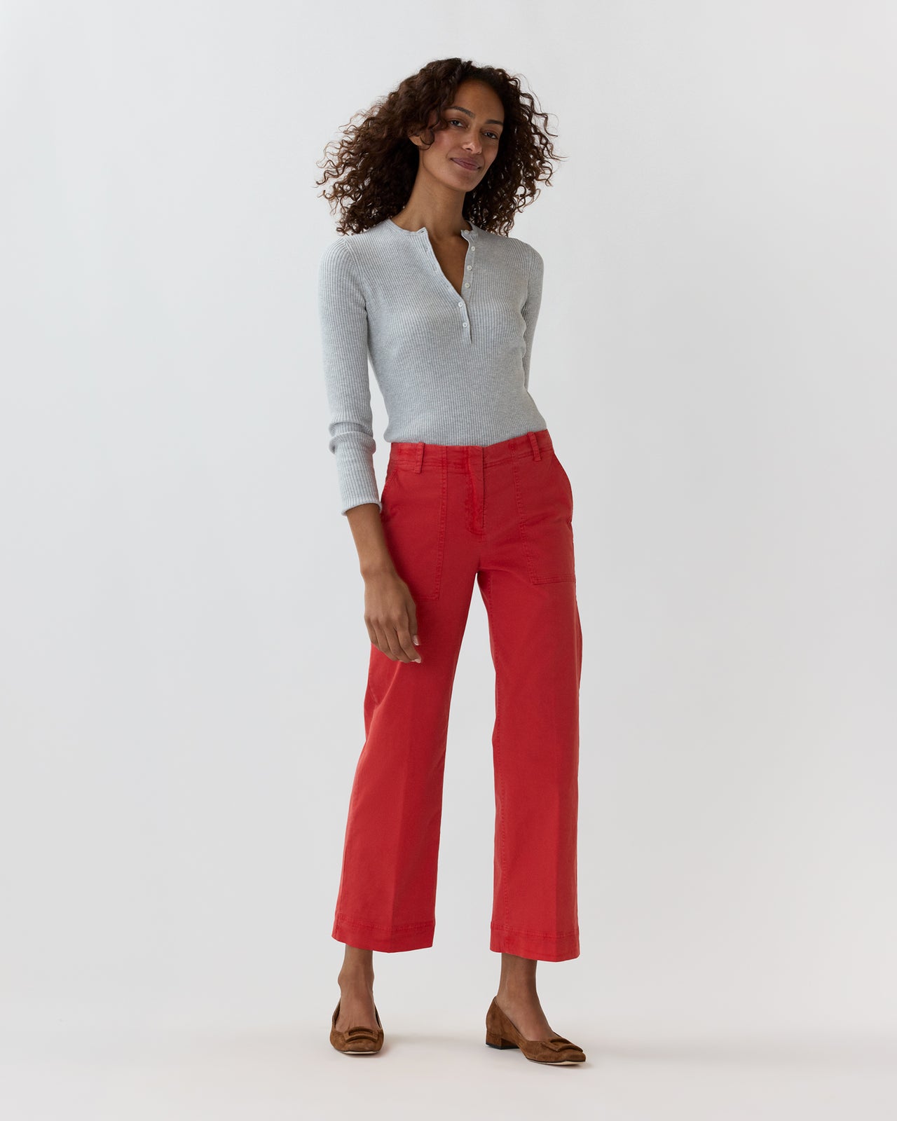 Long-Sleeved Nia Ribbed Henley in Pale Heather Grey Cotton/Silk