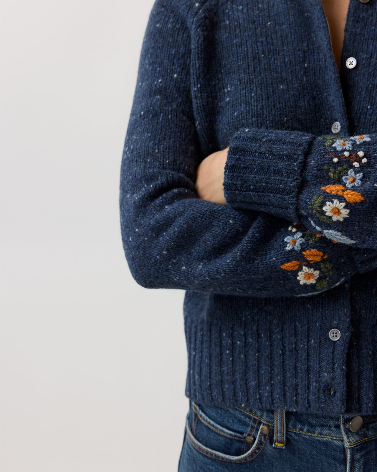 Romy Embroidered Cardigan in Navy Donegal Wool