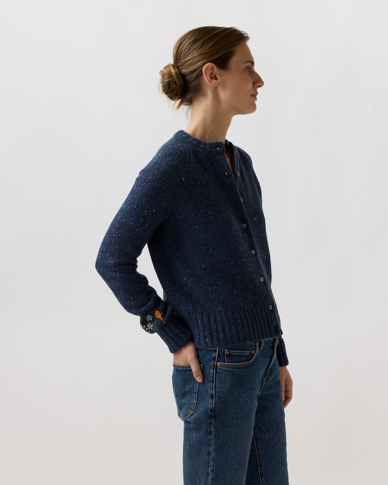 Romy Embroidered Cardigan in Navy Donegal Wool