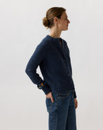 Load image into Gallery viewer, Romy Embroidered Cardigan in Navy Donegal Wool
