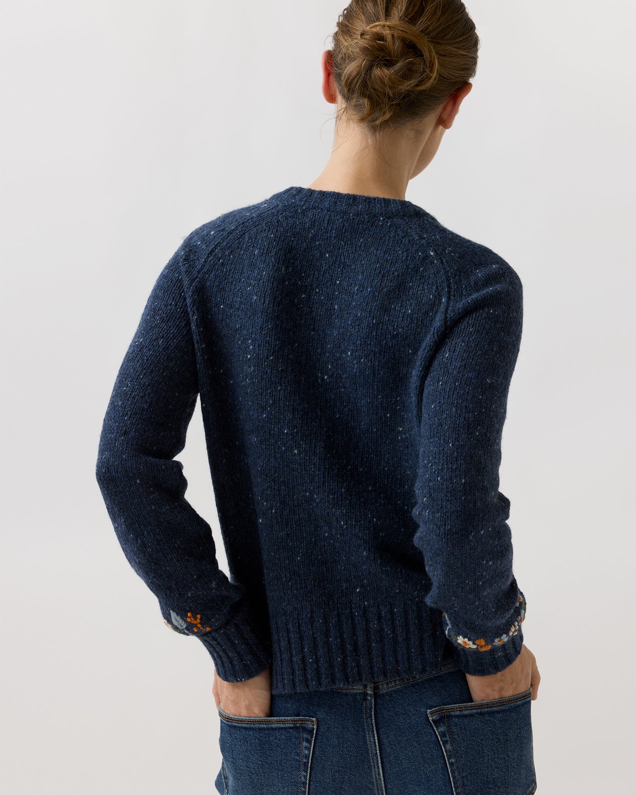 Romy Embroidered Cardigan in Navy Donegal Wool
