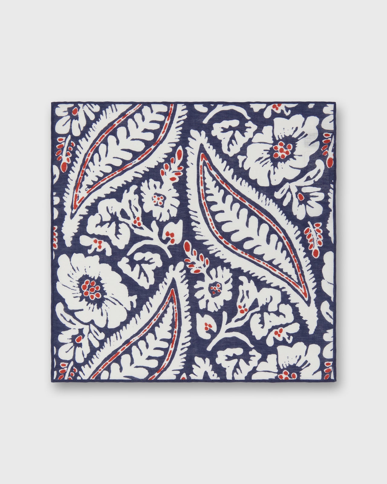 Hand-Rolled Linen/Cotton Print Pocket Square in Navy/Chalk/Red Large Paisley