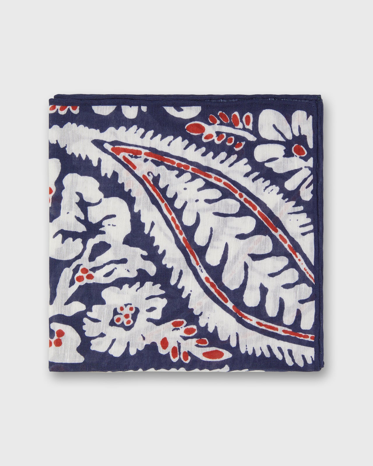 Hand-Rolled Linen/Cotton Print Pocket Square in Navy/Chalk/Red Large Paisley