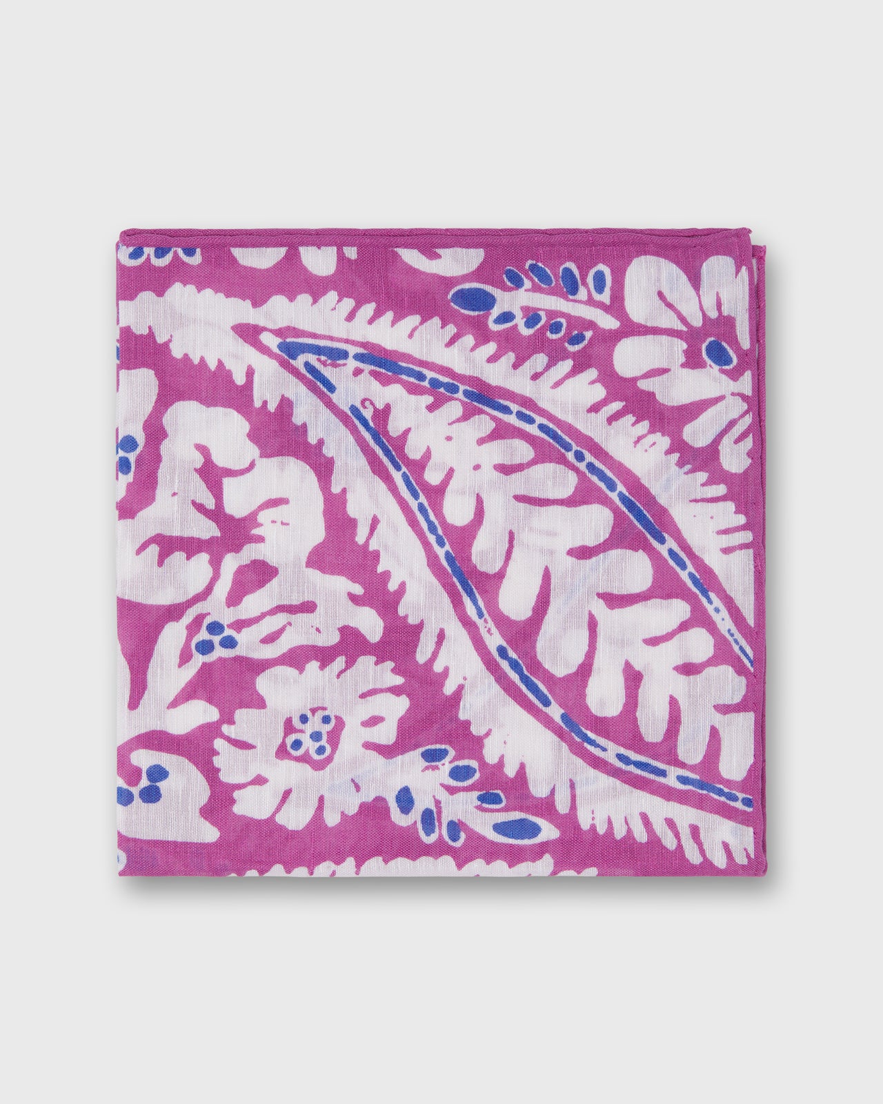 Hand-Rolled Linen/Cotton Print Pocket Square in Berry/Bone/Lapis Large Paisley