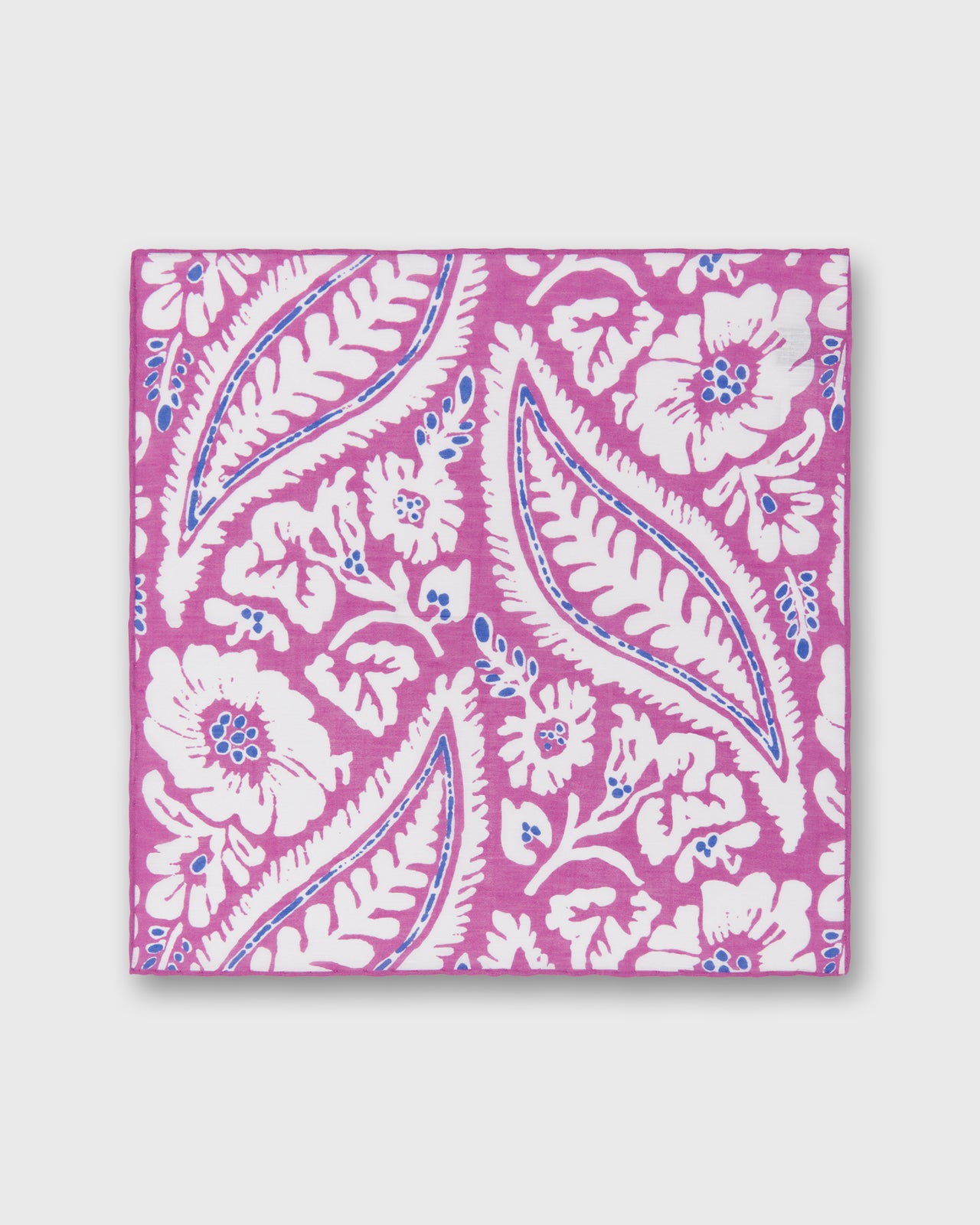 Hand-Rolled Linen/Cotton Print Pocket Square in Berry/Bone/Lapis Large Paisley