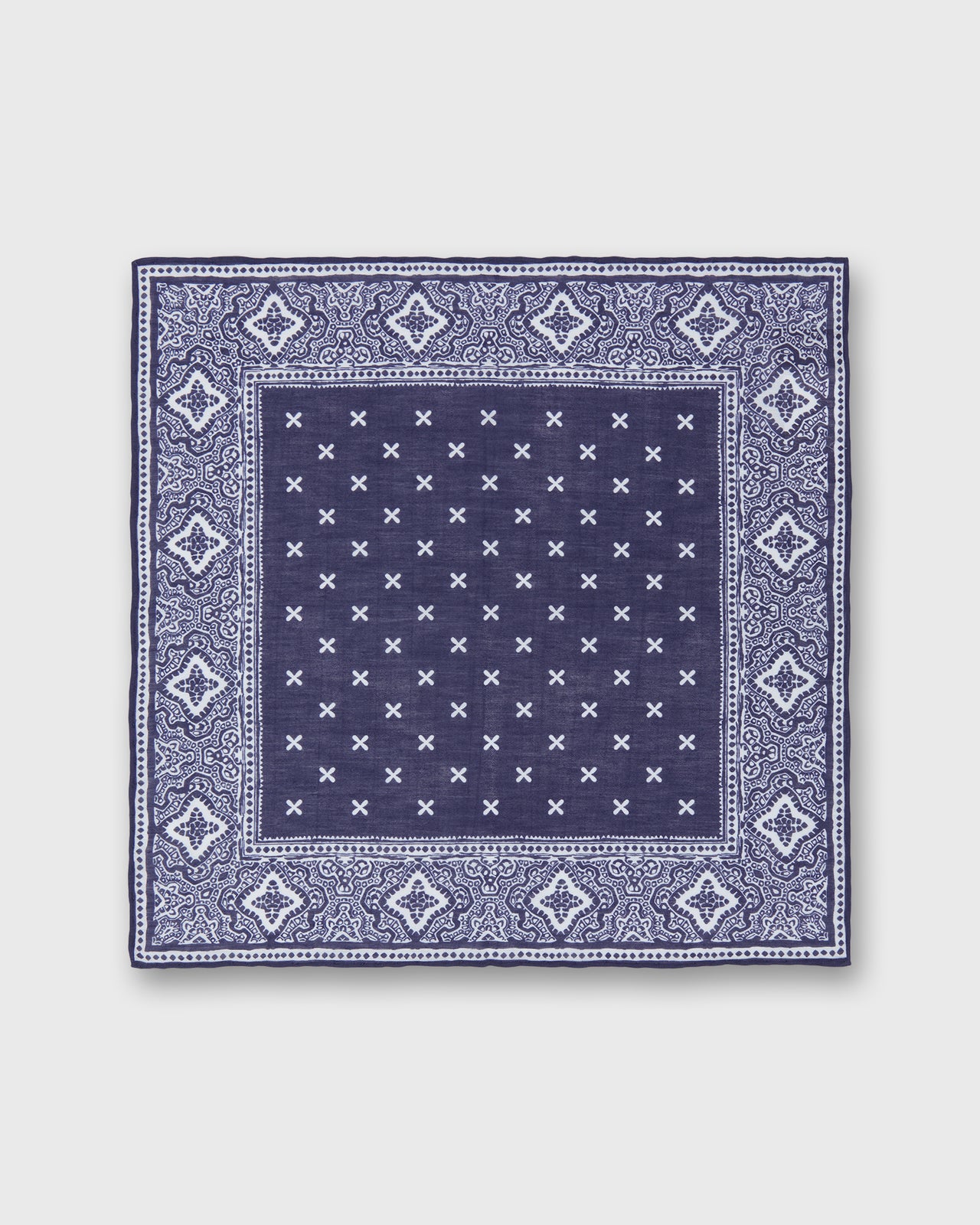 Hand-Rolled Linen/Cotton Print Pocket Square in Blue/Bone Paisley Bandana Print