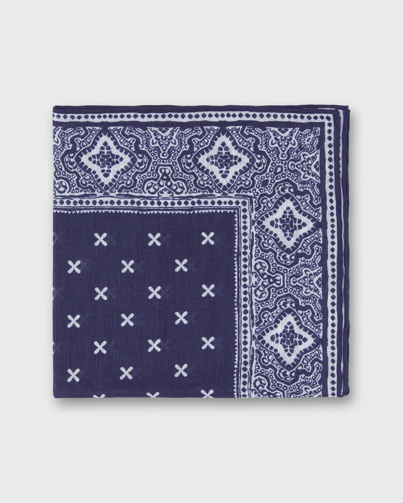Hand-Rolled Linen/Cotton Print Pocket Square in Blue/Bone Paisley Bandana Print