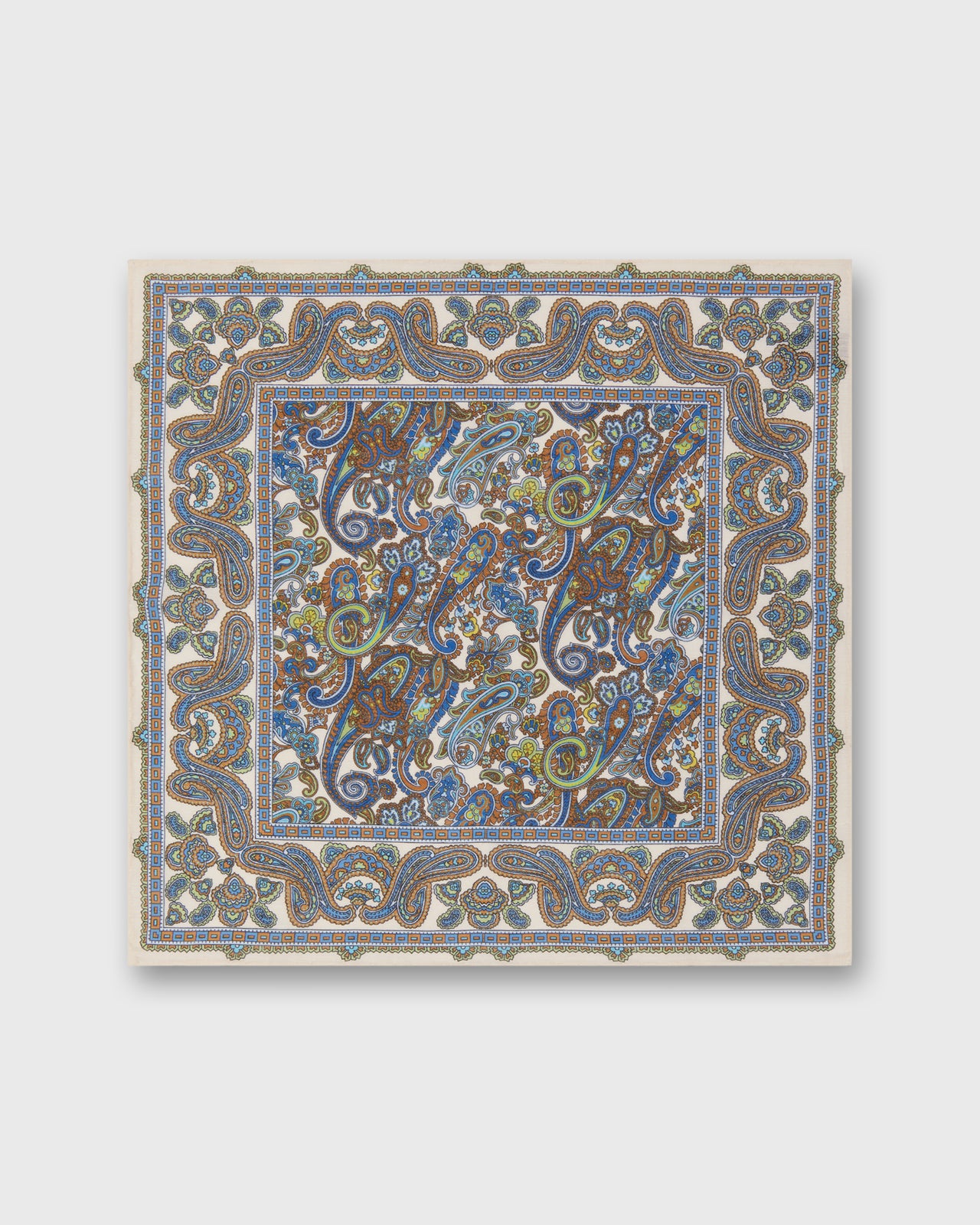 Hand-Rolled Linen/Cotton Print Pocket Square in Ivory/Royal/Brown Paisley
