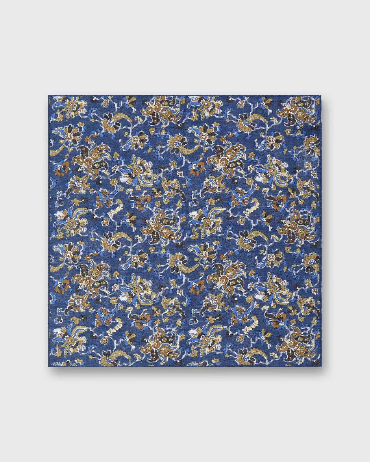 Hand-Rolled Linen/Cotton Print Pocket Square in Blue/Umber Jacobean Floral
