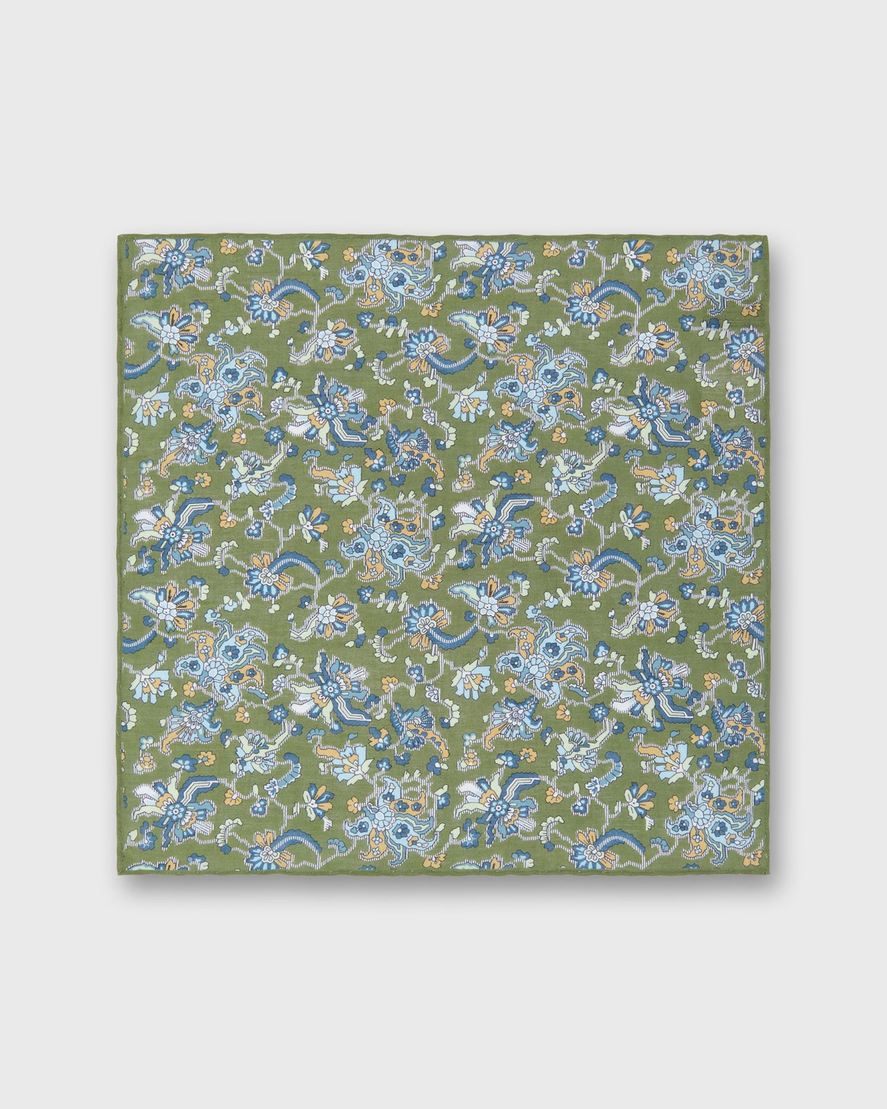 Hand-Rolled Linen/Cotton Print Pocket Square in Green/Sky Jacobean Floral