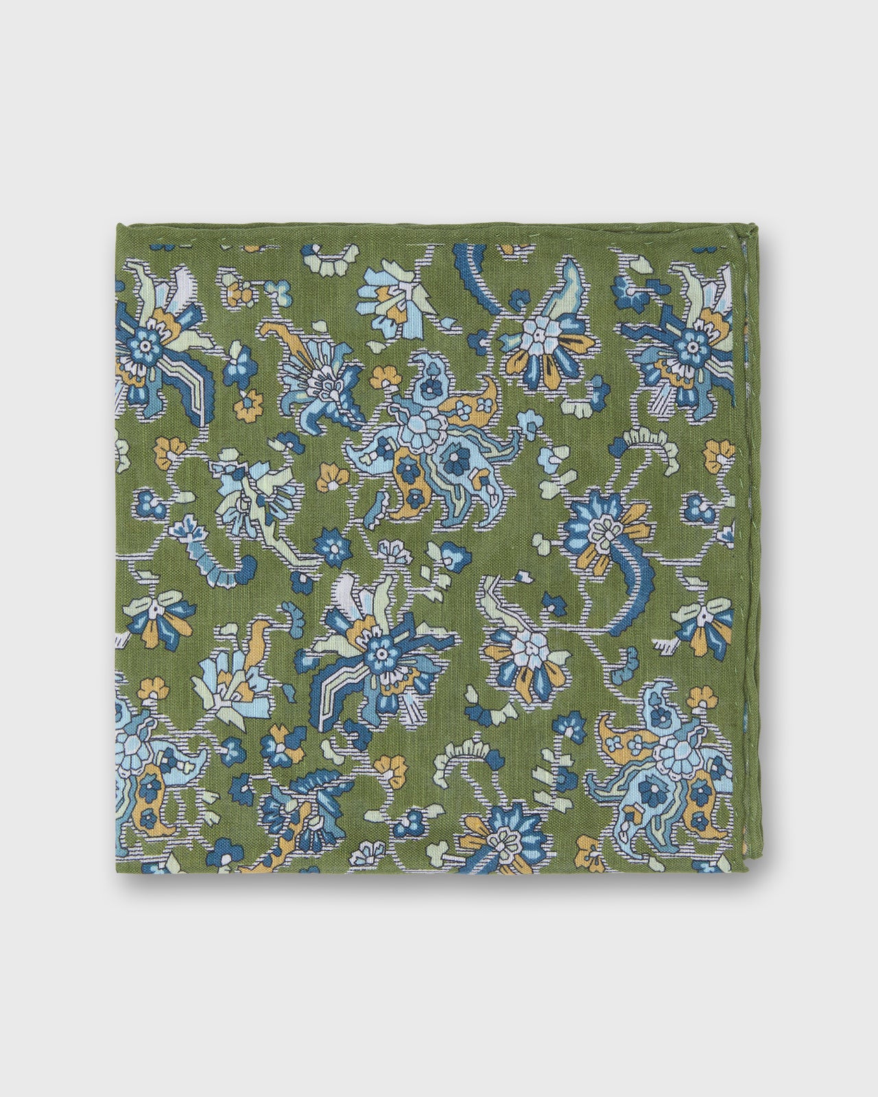 Hand-Rolled Linen/Cotton Print Pocket Square in Green/Sky Jacobean Floral