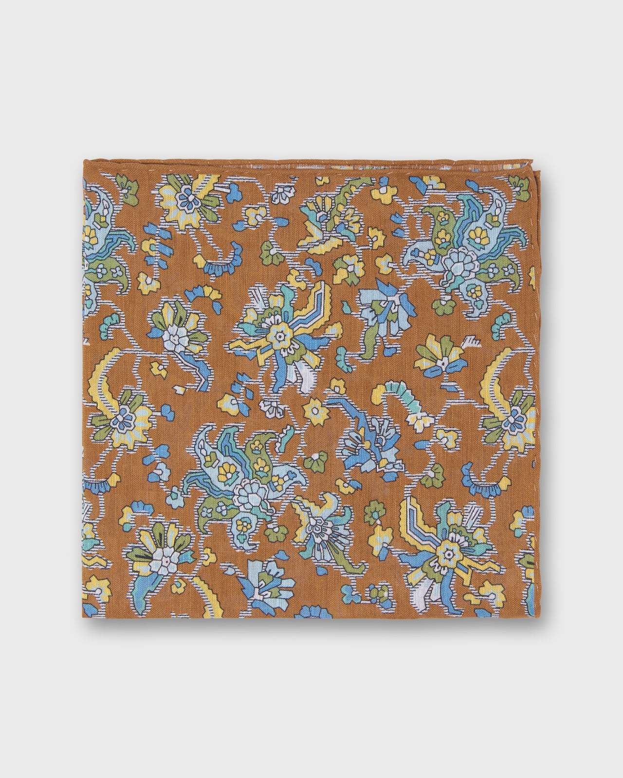 Hand-Rolled Linen/Cotton Print Pocket Square in Cognac/Sky Jacobean Floral