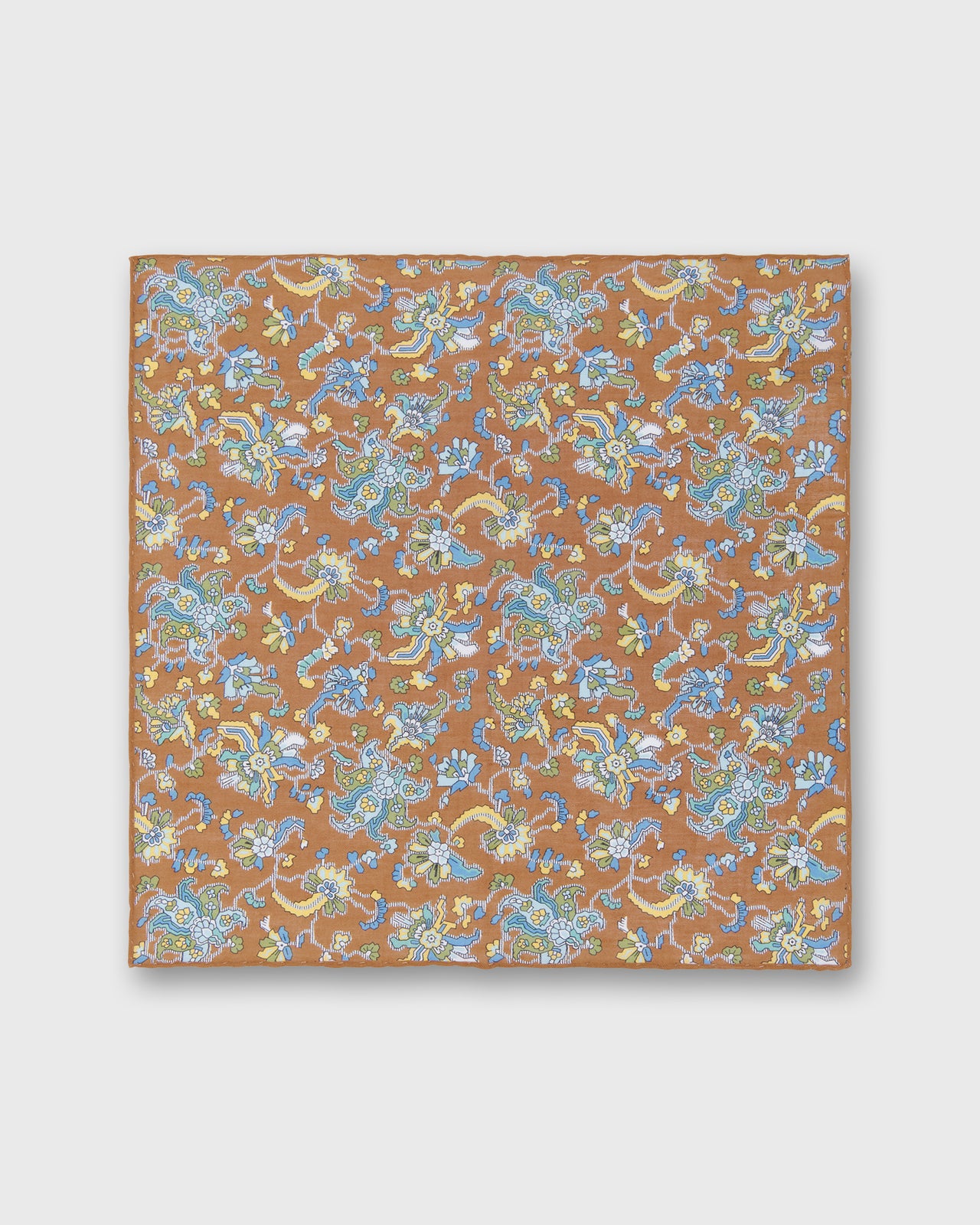 Hand-Rolled Linen/Cotton Print Pocket Square in Cognac/Sky Jacobean Floral