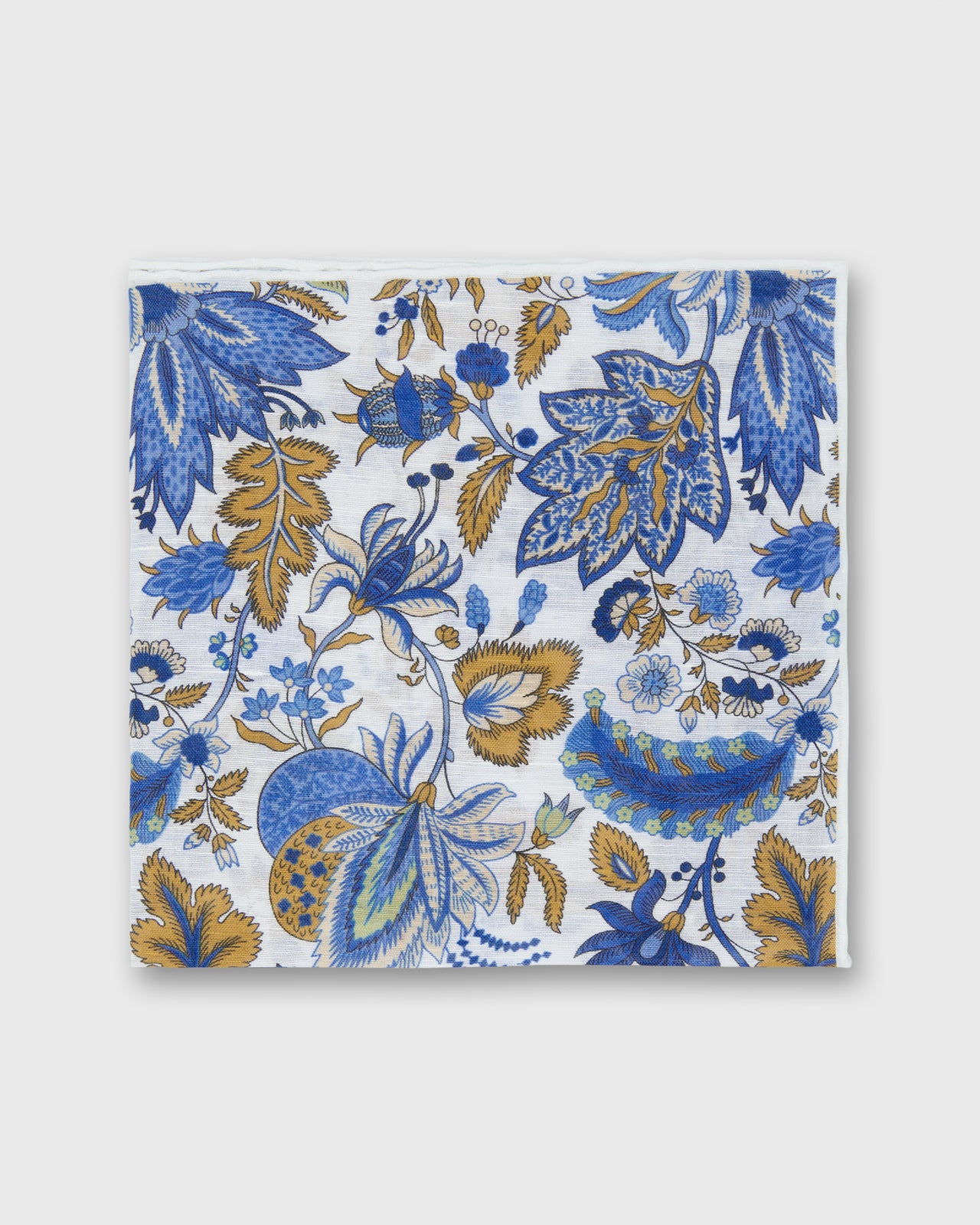 Hand-Rolled Linen/Cotton Print Pocket Square in Chalk/Navy Botanical