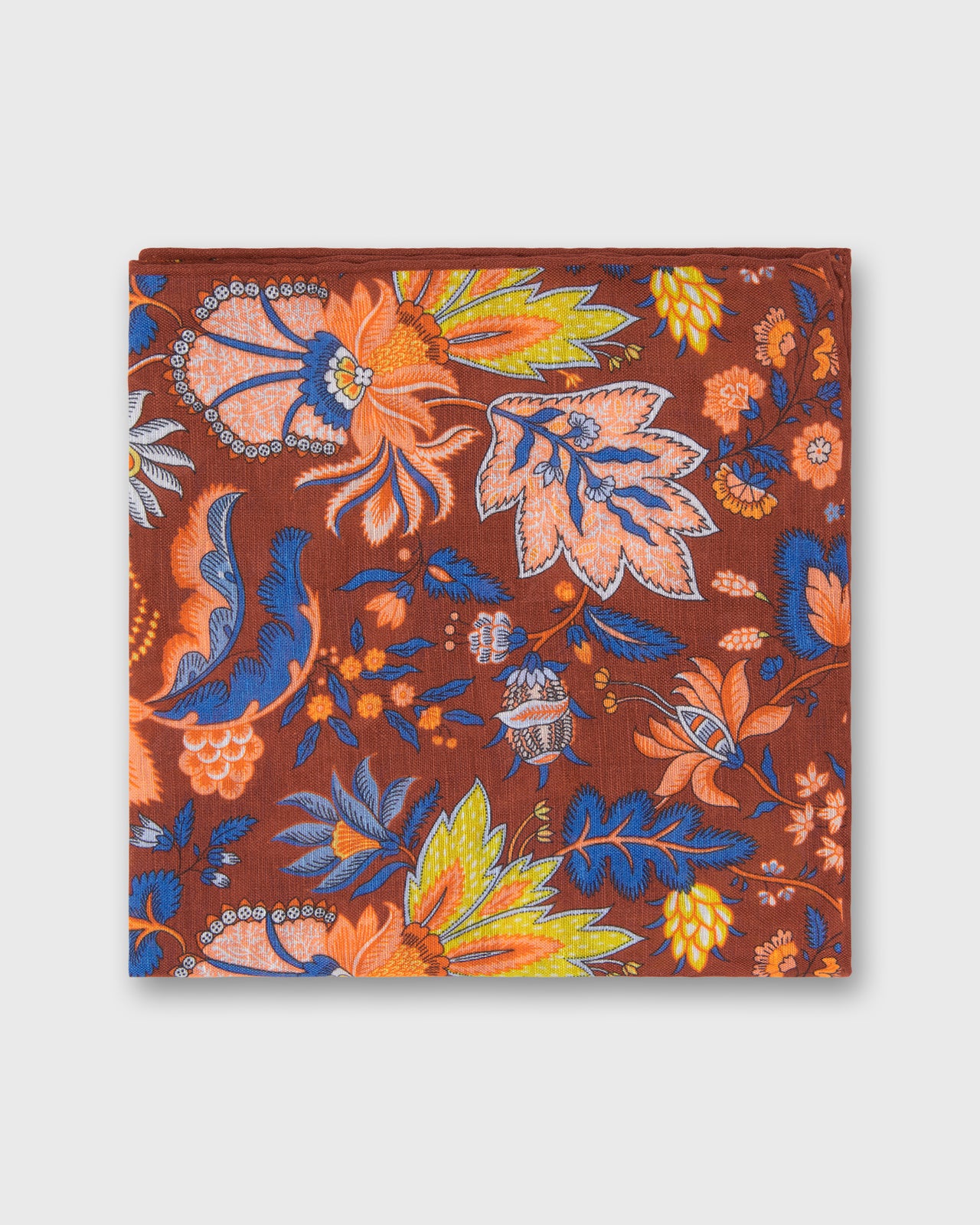 Hand-Rolled Linen/Cotton Print Pocket Square in Brick/Lovat Botanical