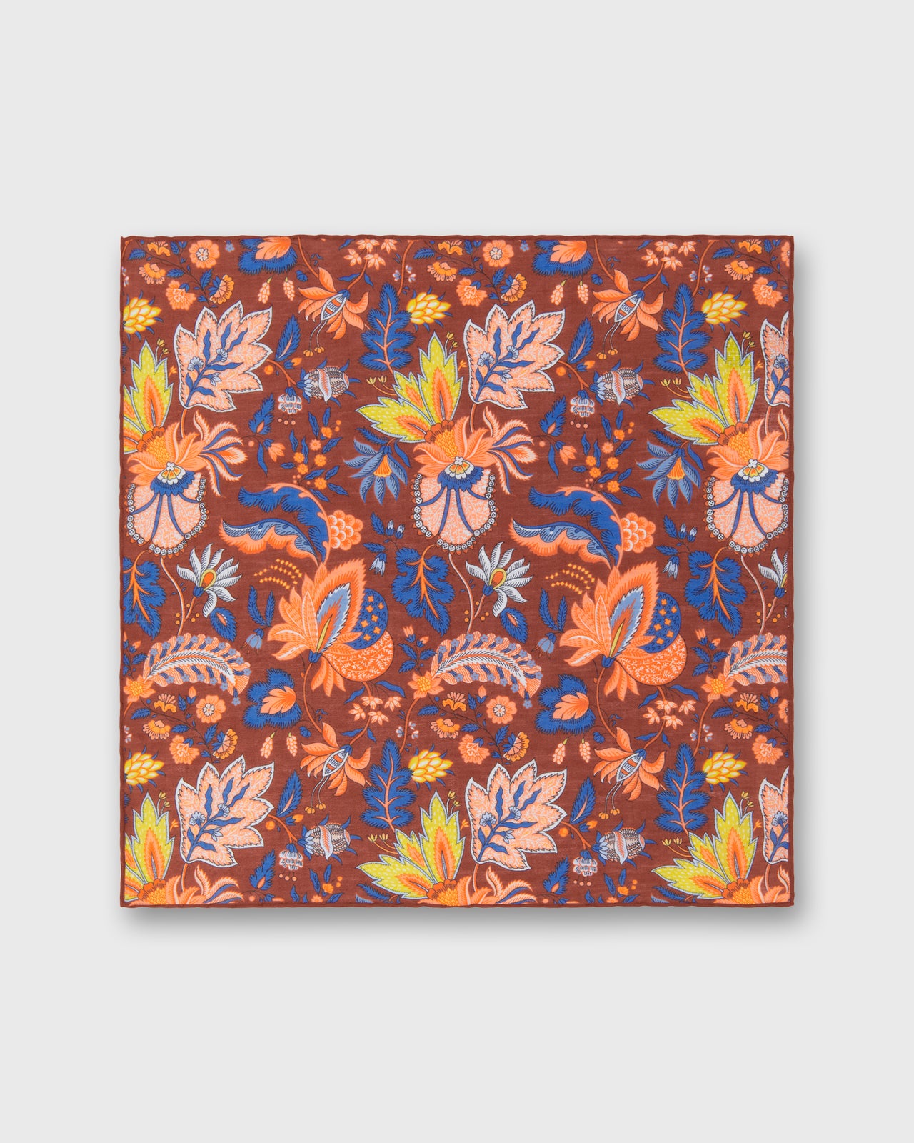 Hand-Rolled Linen/Cotton Print Pocket Square in Brick/Lovat Botanical