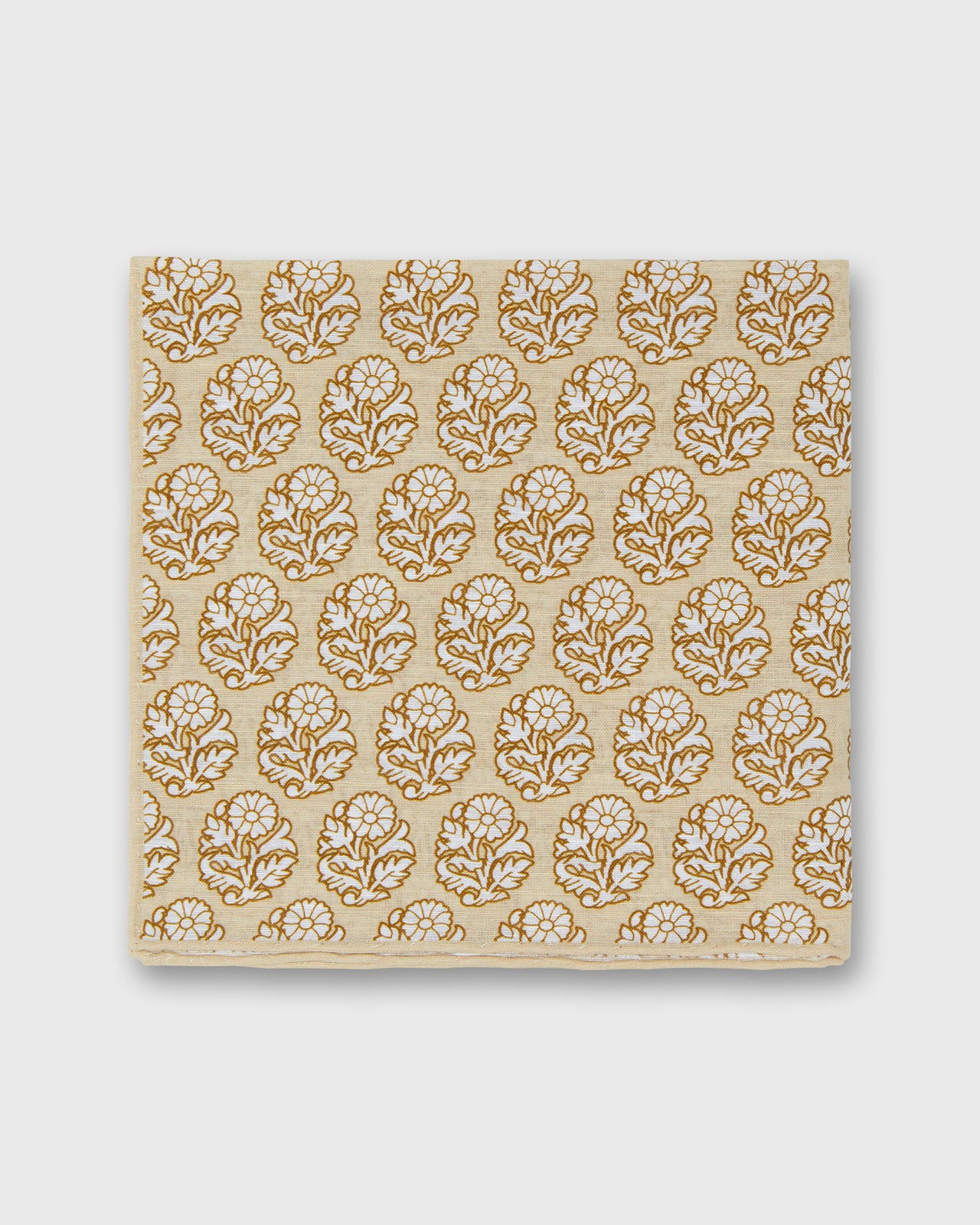 Hand-Rolled Linen/Cotton Print Pocket Square in Khaki/Bone Flower
