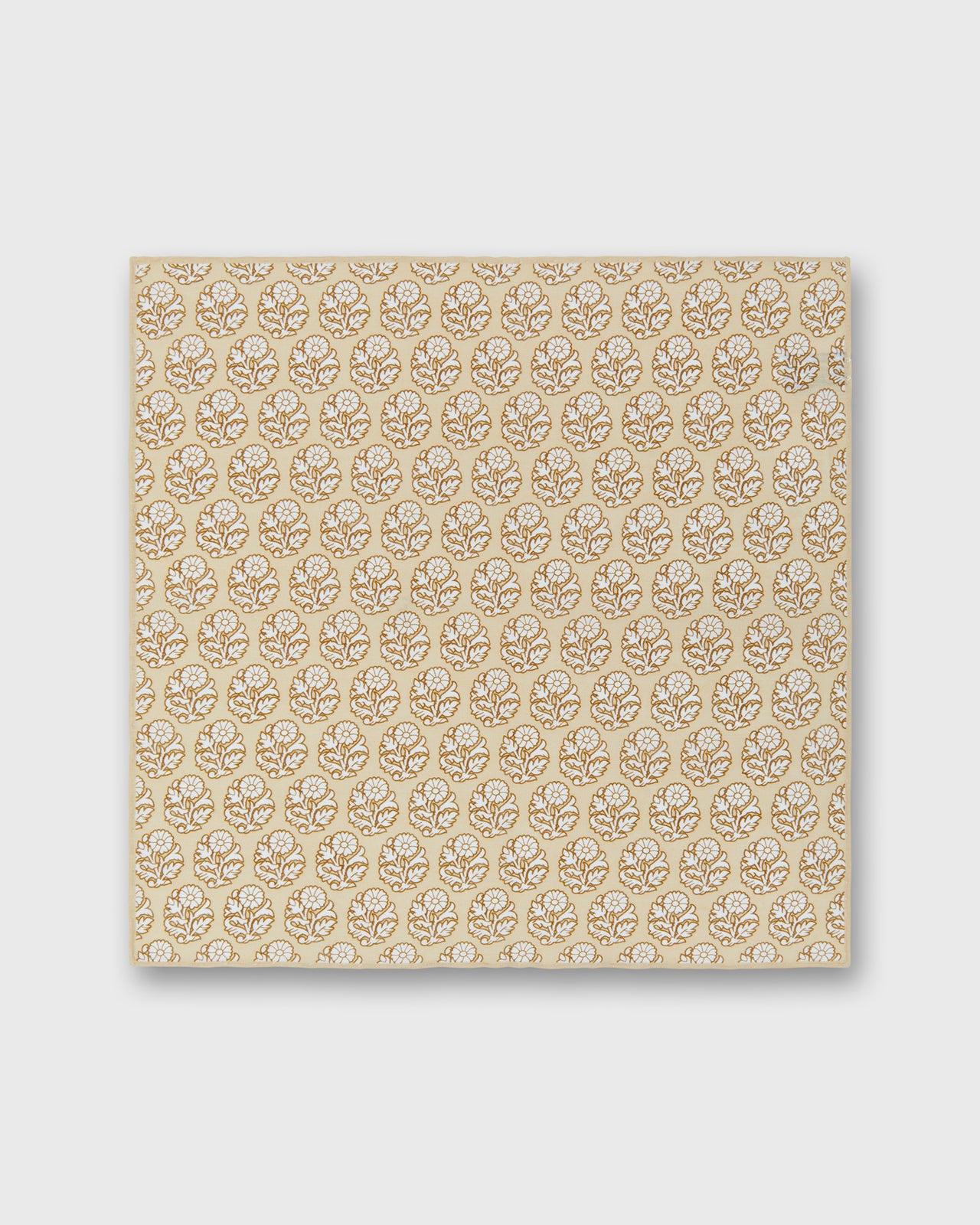 Hand-Rolled Linen/Cotton Print Pocket Square in Khaki/Bone Flower