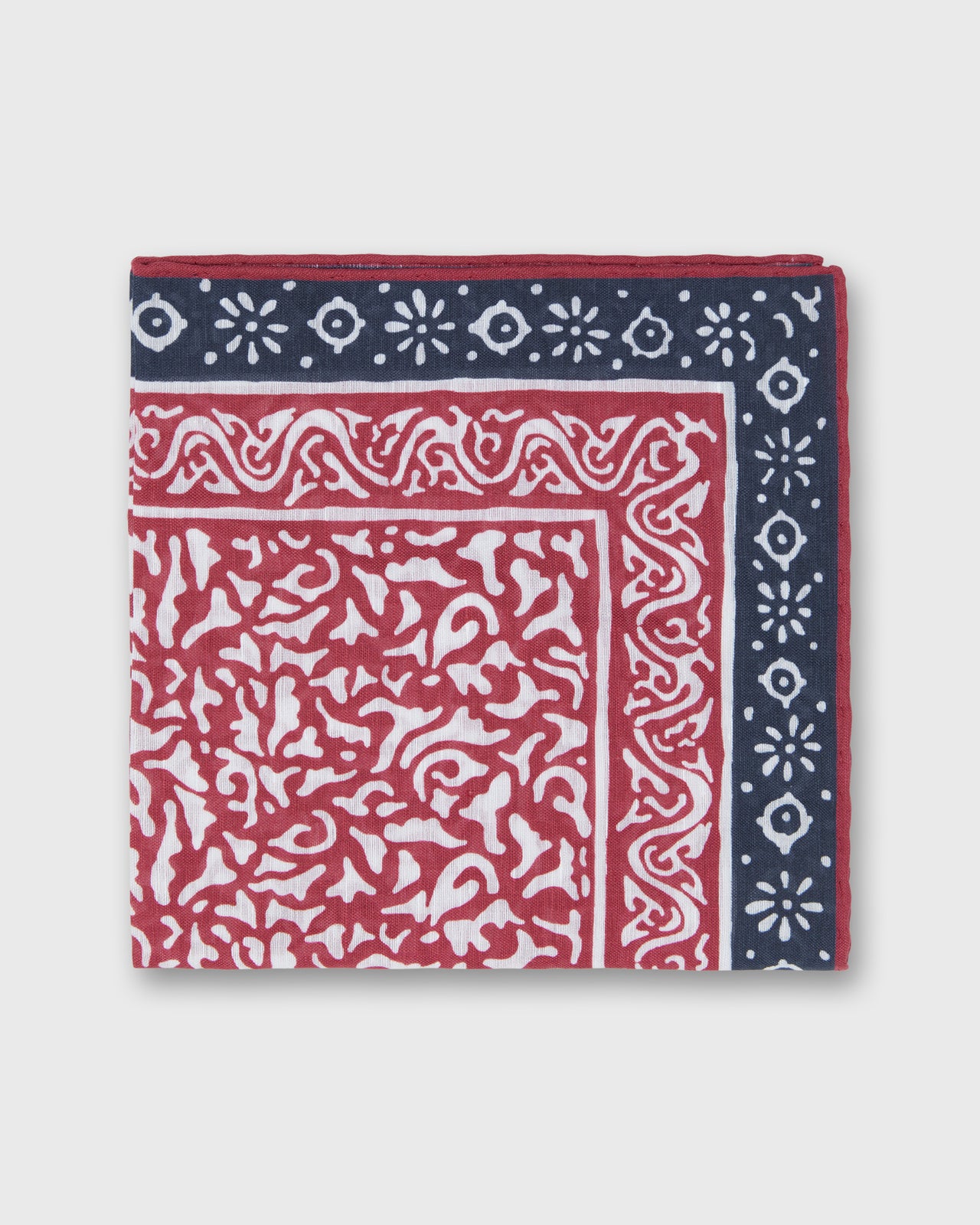 Hand-Rolled Linen/Cotton Print Pocket Square in Red/Navy Abstract
