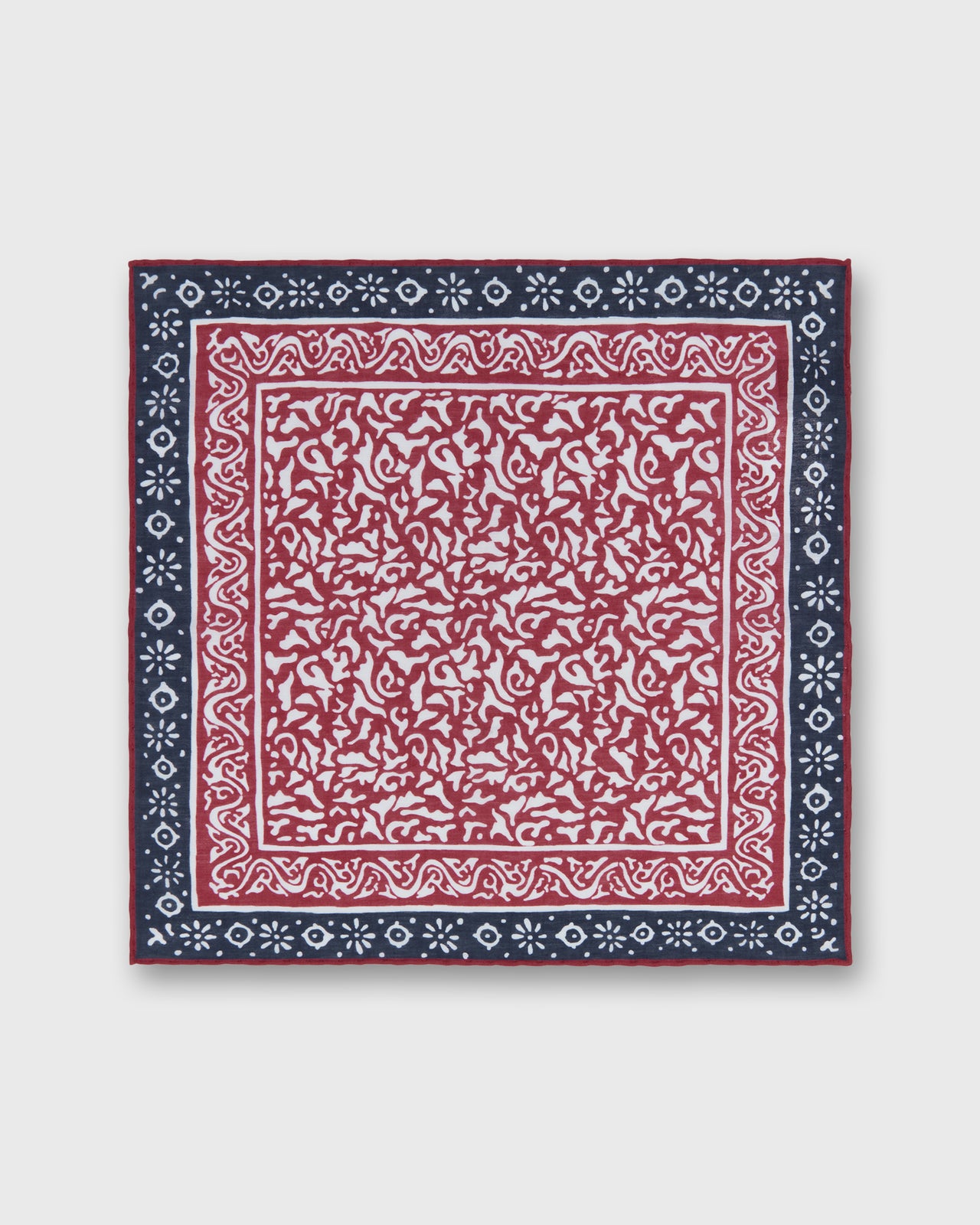 Hand-Rolled Linen/Cotton Print Pocket Square in Red/Navy Abstract