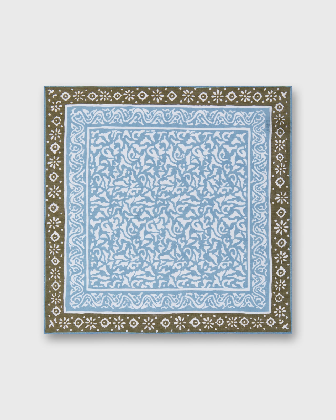 Hand-Rolled Linen/Cotton Print Pocket Square in Sky/Olive Abstract