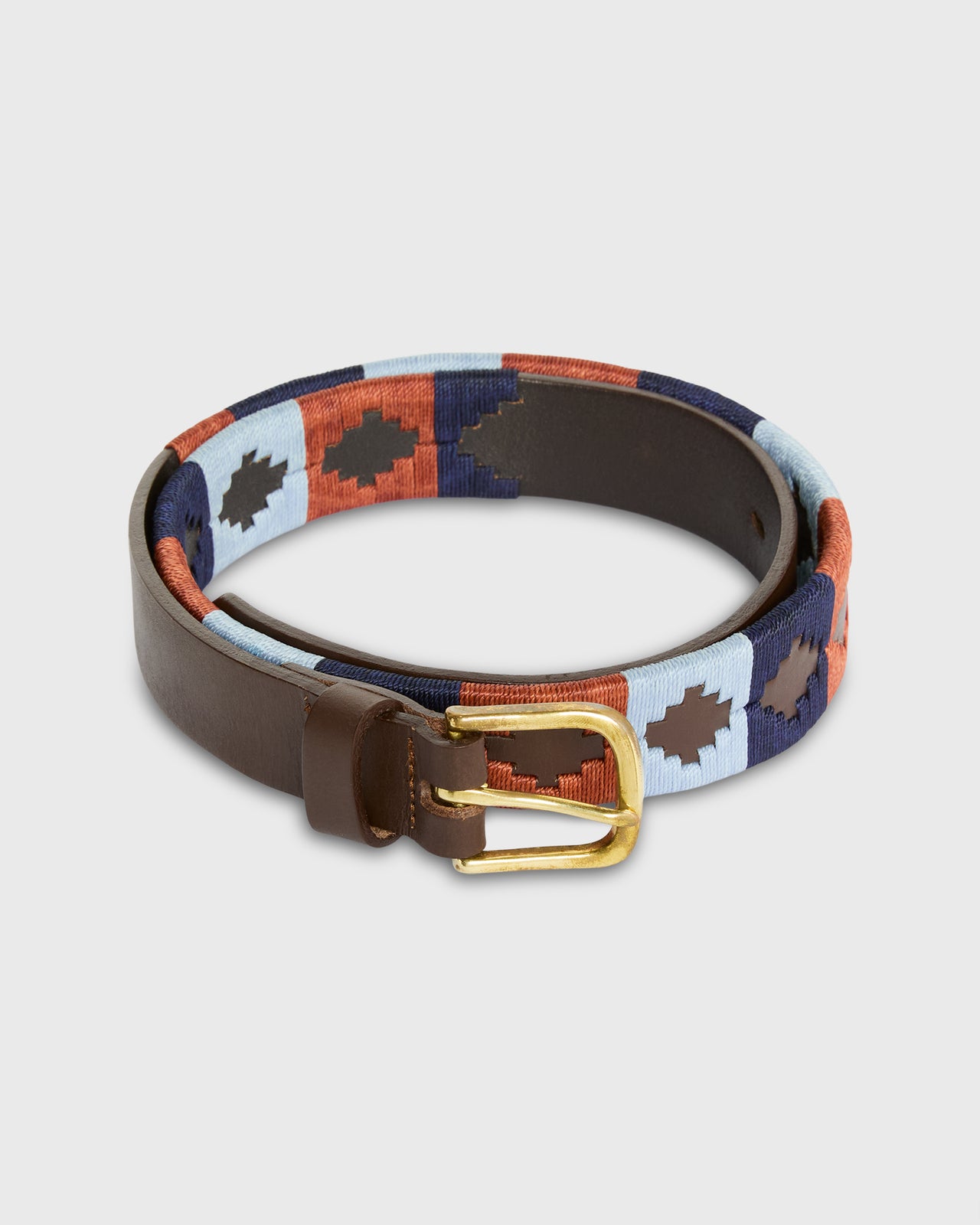 1 1/8" Polo Belt in Orange/Sky/Navy Chocolate Brown Leather