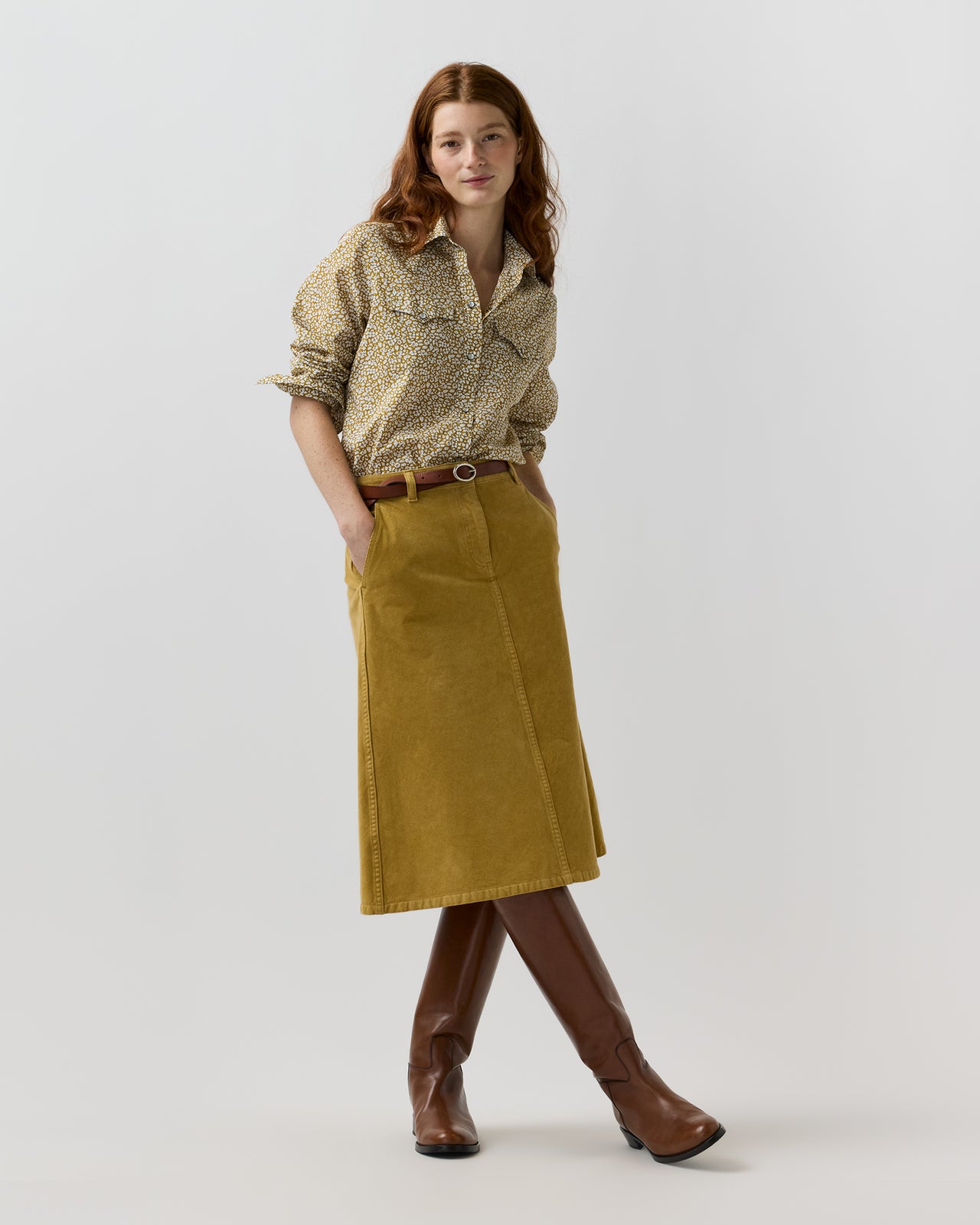 Western Shirt in Gold Feather Meadow Liberty Fabric