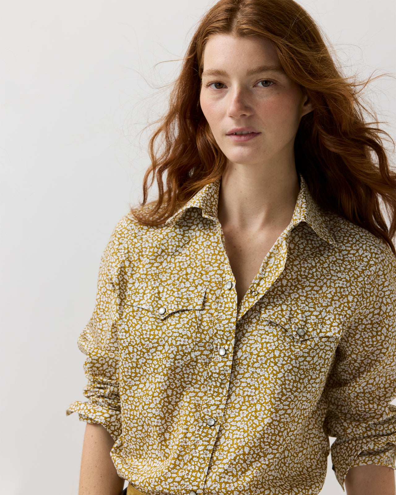 Western Shirt in Gold Feather Meadow Liberty Fabric