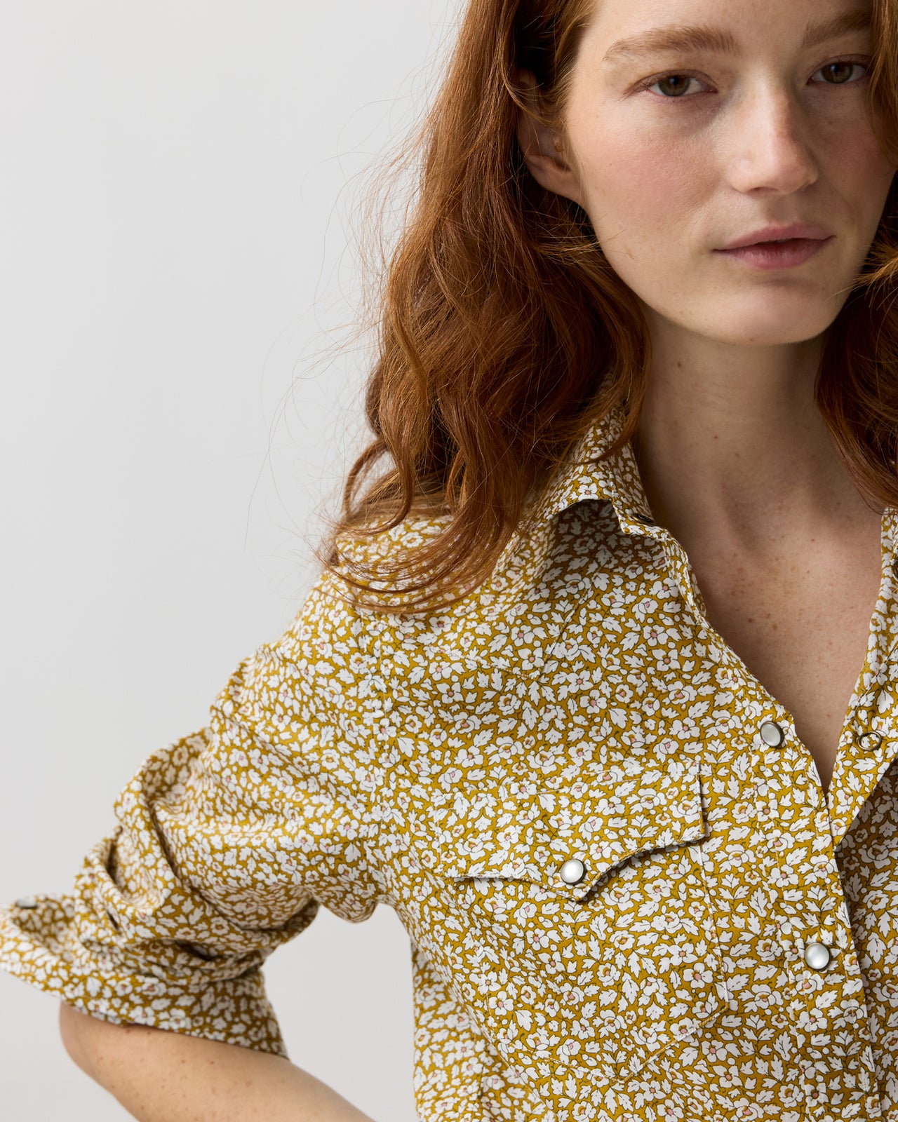 Western Shirt in Gold Feather Meadow Liberty Fabric