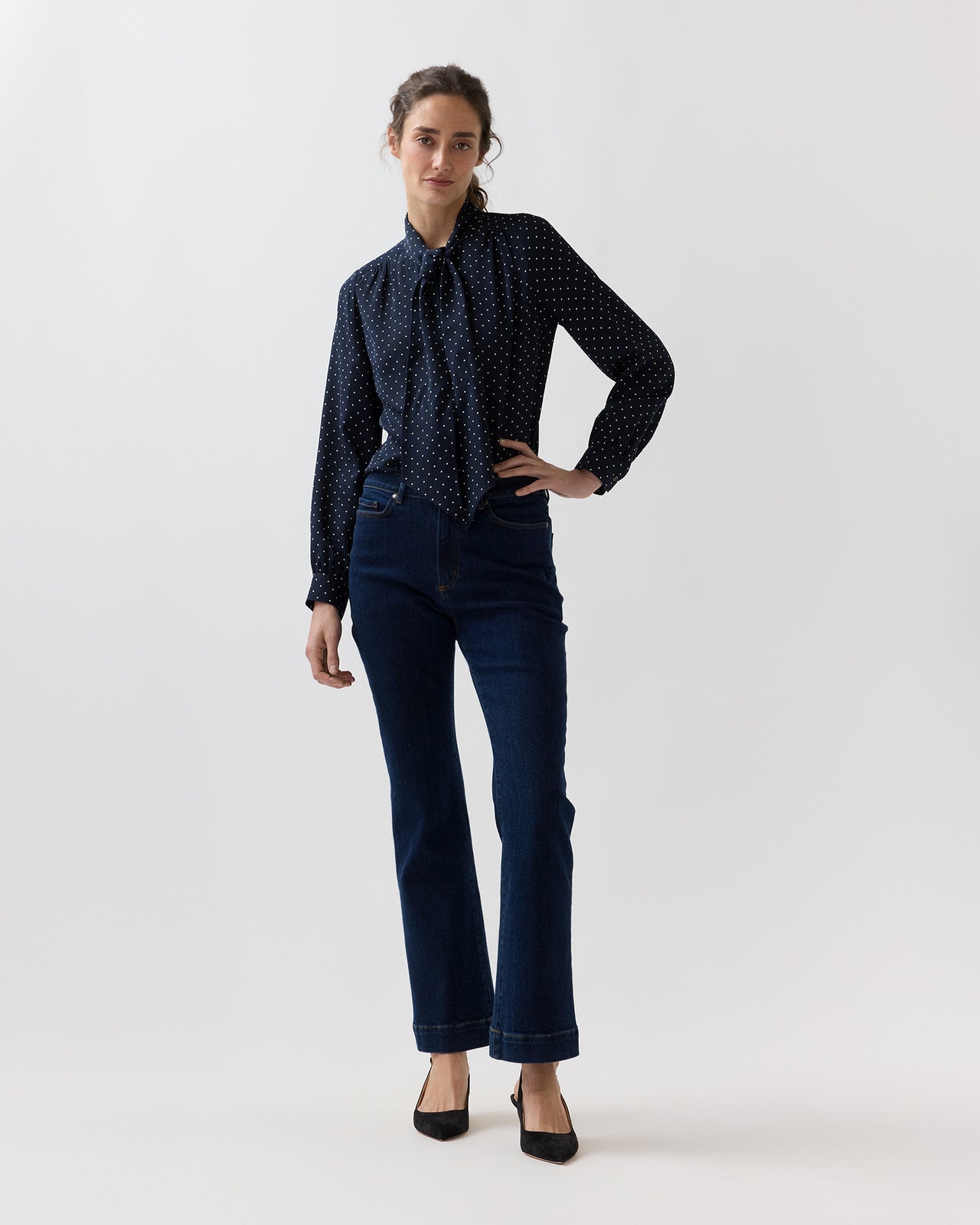 Tie-Neck Blouse in Navy/Ivory Pin Dot Silk Double Georgette