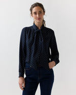 Load image into Gallery viewer, Tie-Neck Blouse in Navy/Ivory Pin Dot Silk Double Georgette
