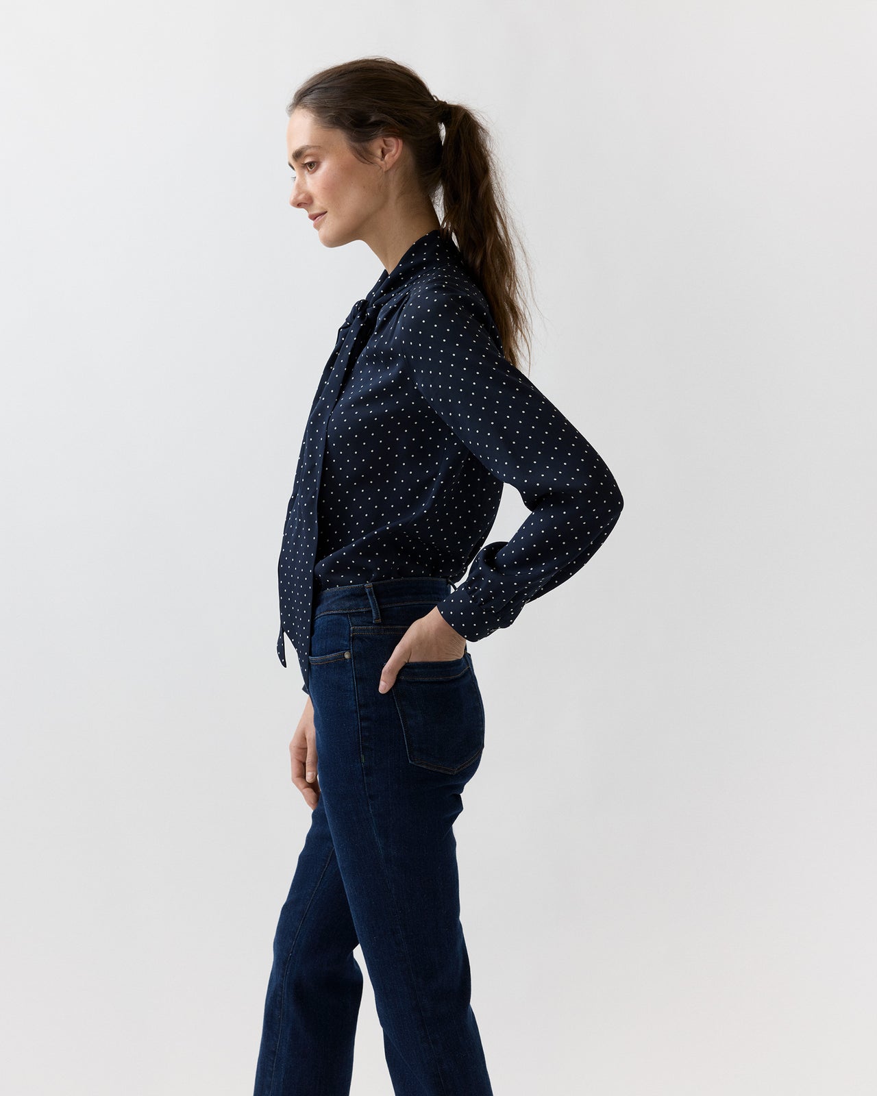 Tie-Neck Blouse in Navy/Ivory Pin Dot Silk Double Georgette