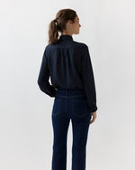 Load image into Gallery viewer, Tie-Neck Blouse in Navy/Ivory Pin Dot Silk Double Georgette
