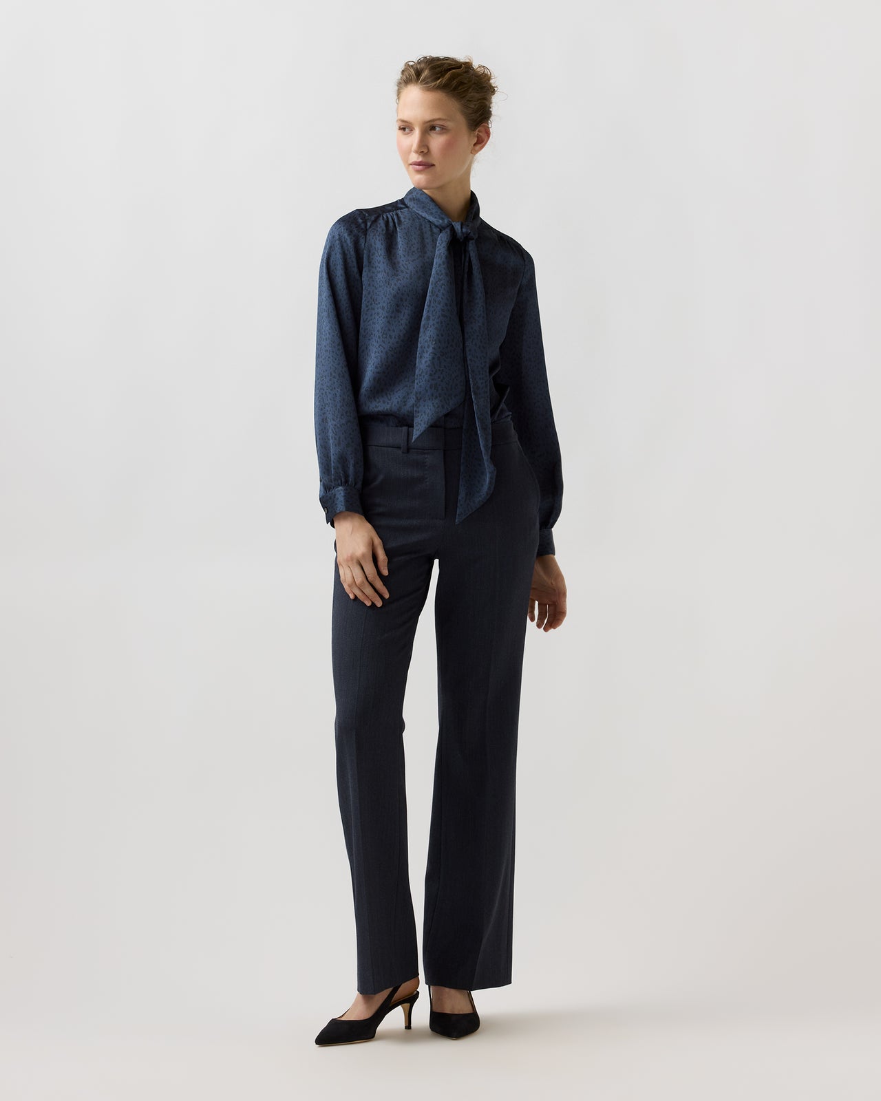 Tie-Neck Blouse in Blue Leopard Crinkle Satin