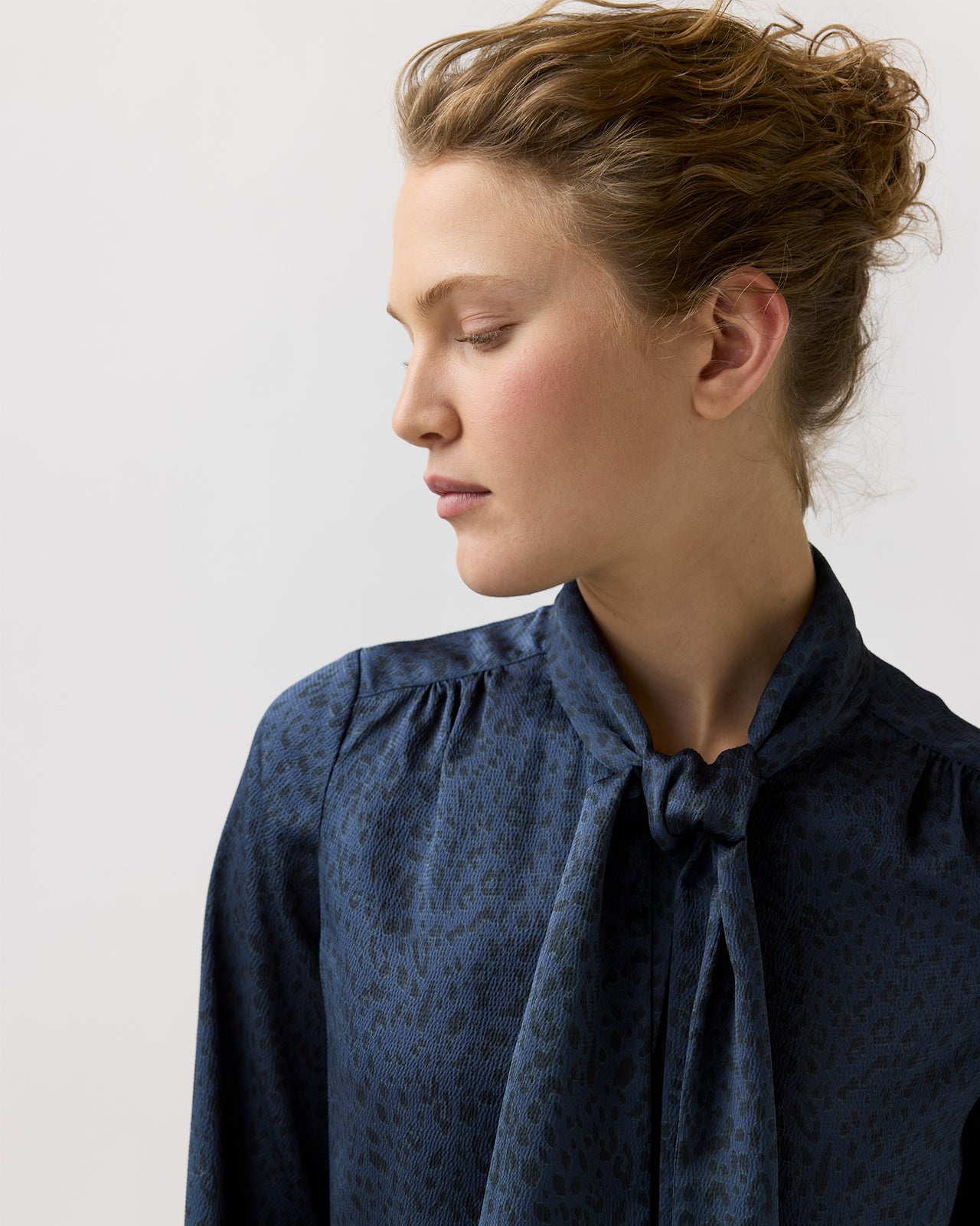 Tie-Neck Blouse in Blue Leopard Crinkle Satin