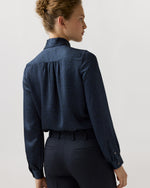 Load image into Gallery viewer, Tie-Neck Blouse in Blue Leopard Crinkle Satin
