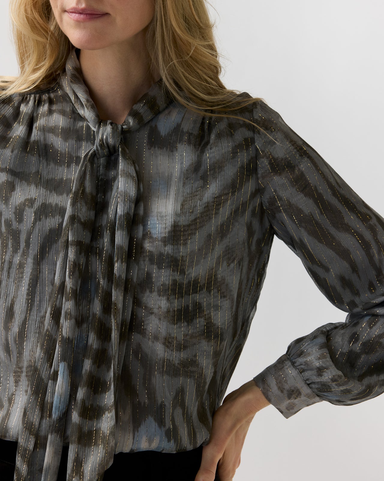 Tie-Neck Blouse in Bark/Powder Leopard Metallic Georgette