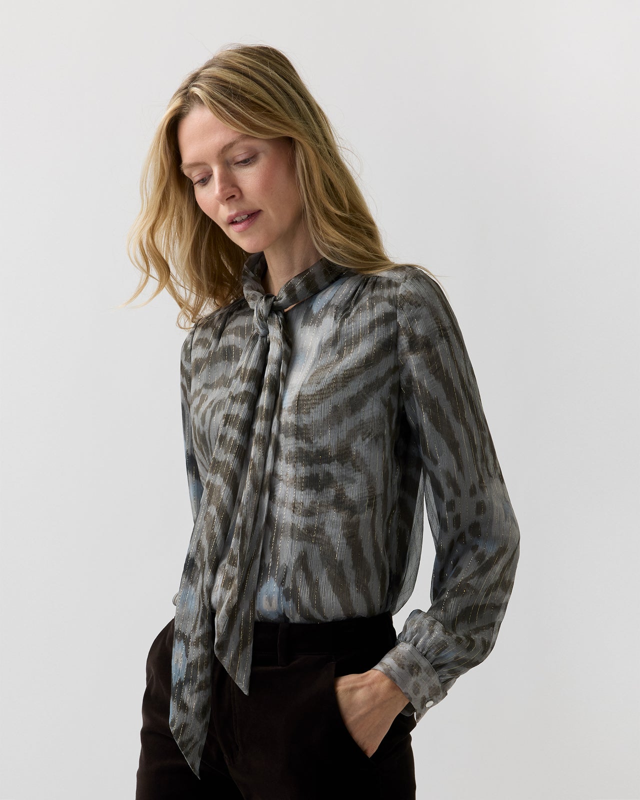 Tie-Neck Blouse in Bark/Powder Leopard Metallic Georgette