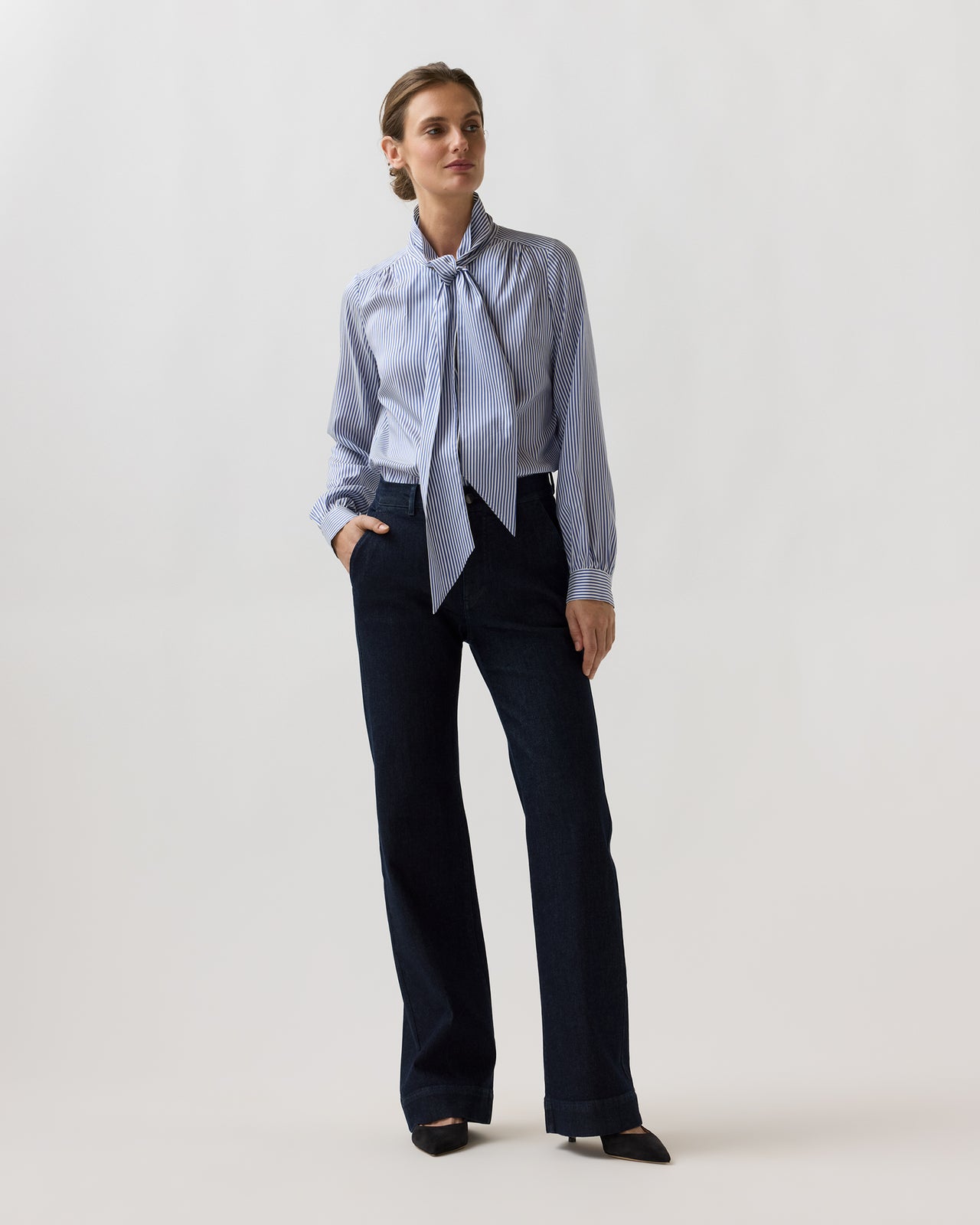 Tie-Neck Blouse in Blue/White Bengal Stripe Silk Crepe De Chine