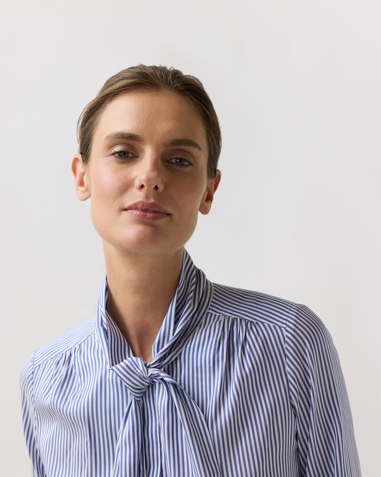 Tie-Neck Blouse in Blue/White Bengal Stripe Silk Crepe De Chine