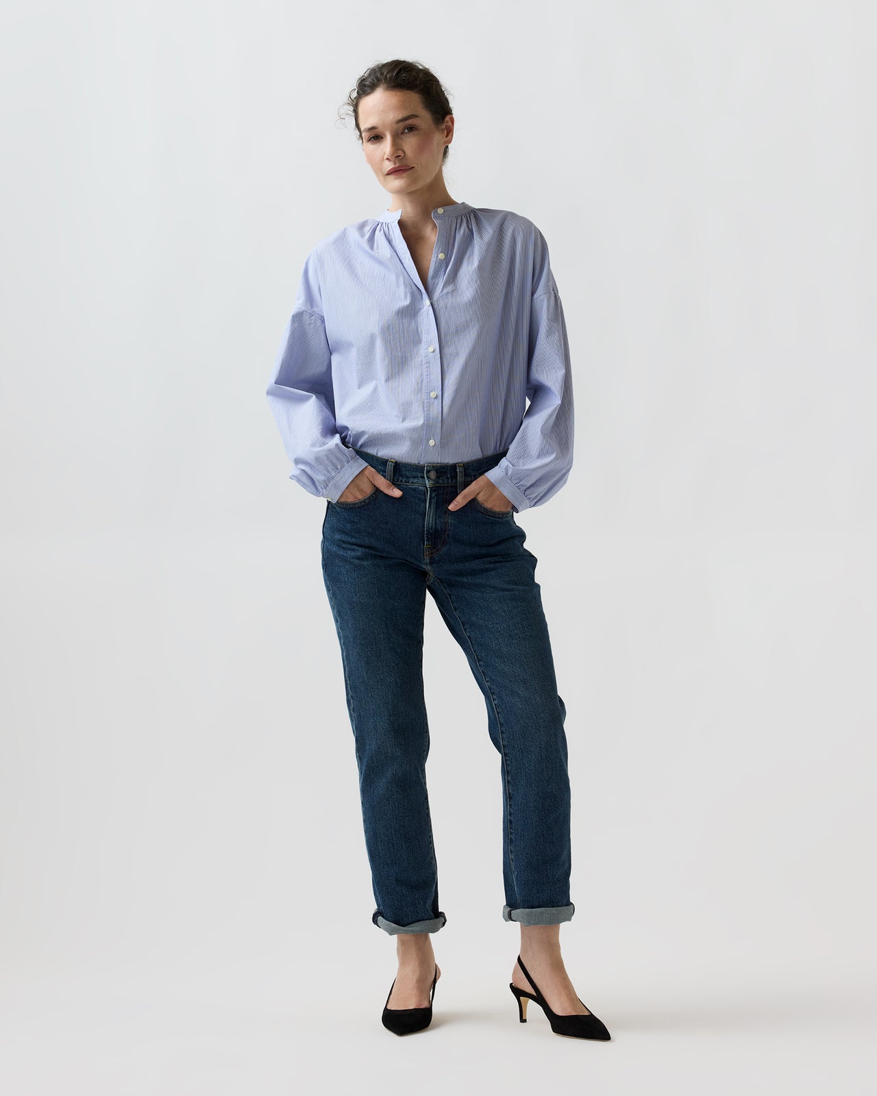 Sunny Blouse in Blue Small Bengal Stripe Poplin