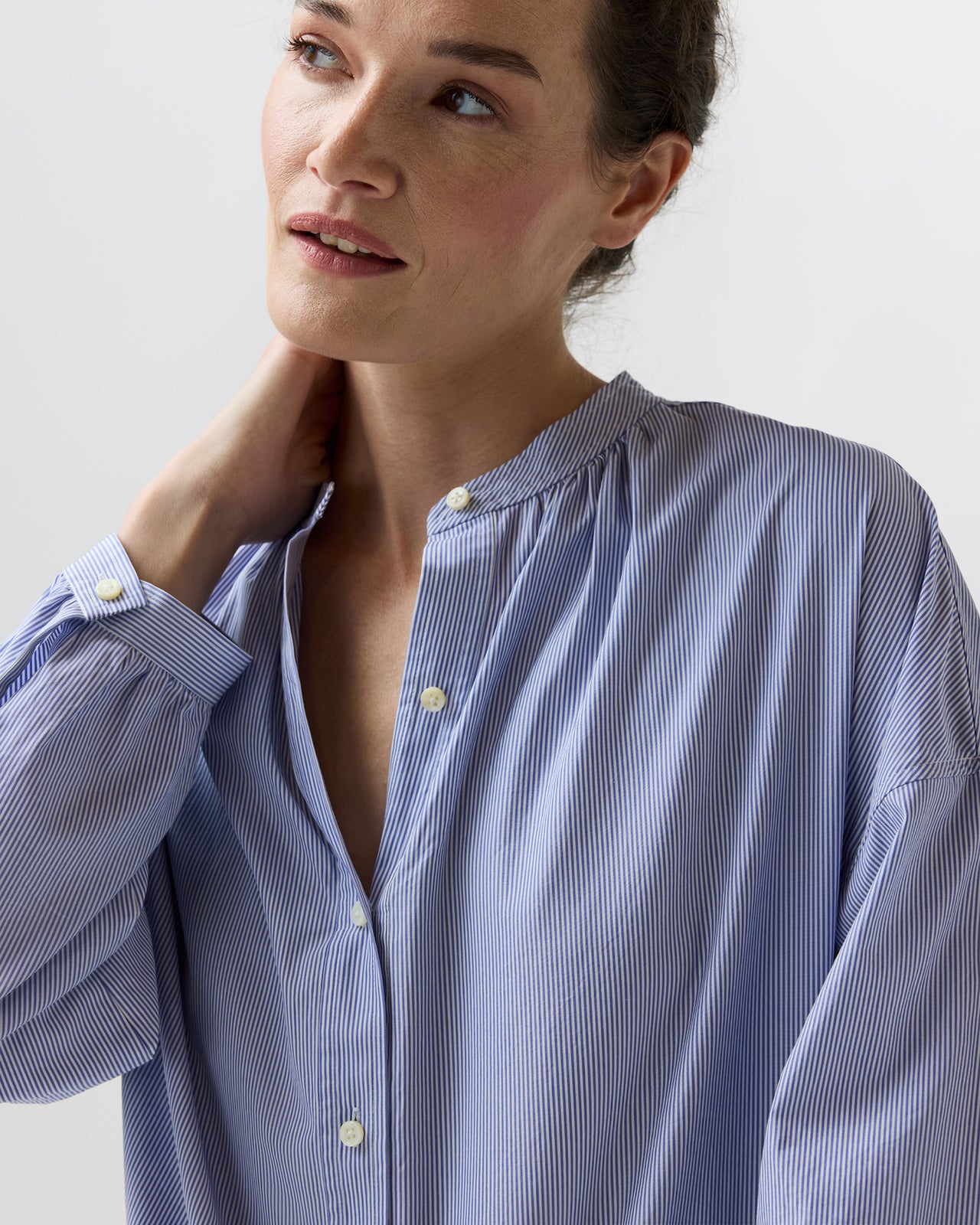 Sunny Blouse in Blue Small Bengal Stripe Poplin