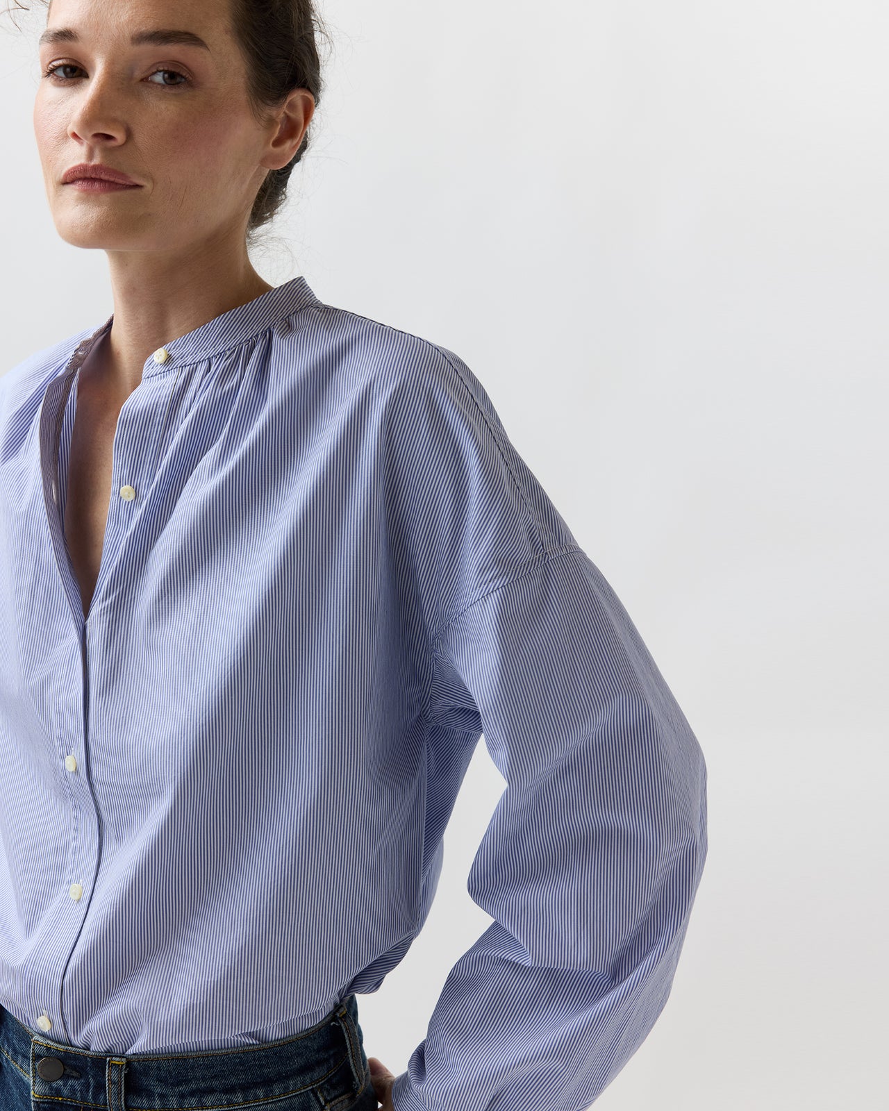 Sunny Blouse in Blue Small Bengal Stripe Poplin