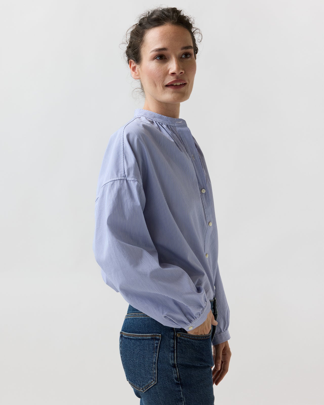 Sunny Blouse in Blue Small Bengal Stripe Poplin